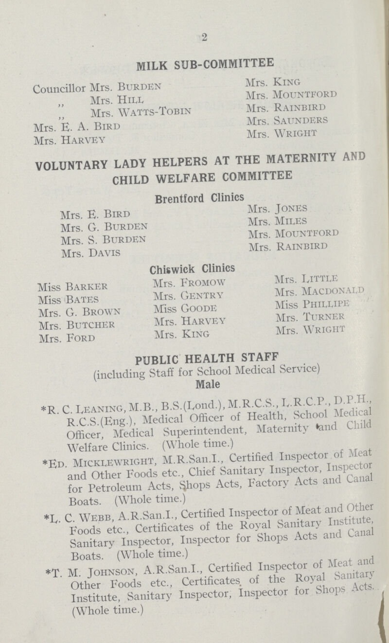 2 MILK SUB-COMMITTEE Councillor Mrs. Burden Mrs. King ,, Mrs. Hill Mrs. Mountford ,, Mrs. Watts-Tobin Mrs. Rainbird Mrs. E. A. Bird Mrs. Saunders Mrs. Harvey Mrs. Wright VOLUNTARY LADY HELPERS AT THE MATERNITY AND CHILD WELFARE COMMITTEE Brentford Clinics Mrs. E. Bird Mrs. Jones Mrs. G. Burden Mrs. Miles Mrs. S. Burden Mrs. Mountford Mrs. Davis Mrs. Rainbird Chiswick Clinics Miss Barker Mrs. Fromow Mrs. Little Miss Bates Mrs. Gentry Mrs. Macdonald Mrs. G. Brown Miss Goode Miss Phillipe Mrs. Butcher Mrs. Harvey Mrs. Turner Mrs. Ford Mrs. King Mrs. Wright PUBLIC HEALTH STAFF (including Staff for School Medical Service) Male *R. C. Leaning, M.B., B.S.(Lond.), M.R.C.S., L.R.C.P., D.P.H., R.C.S.(Eng.), Medical Officer of Health, School Medical Officer, Medical Superintendent, Maternity and Child Welfare Clinics. (Whole time.) *Ed. Micklewright, M.R.San.I., Certified Inspector of Meat and Other Foods etc., Chief Sanitary Inspector, Inspector for Petroleum Acts, Shops Acts, Factory Acts and Canal Boats. (Whole time.) *L. C. Webb, A.R.San.I., Certified Inspector of Meat and Other Foods etc., Certificates of the Royal Sanitary Institute, Sanitary Inspector, Inspector for Shops Acts and Canal Boats. (Whole time.) *T. M. Johnson, A.R.San.I., Certified Inspector of Meat and Other Foods etc., Certificates, of the Royal Sanitary Institute, Sanitary Inspector, Inspector for Shops Acts. (Whole time.)