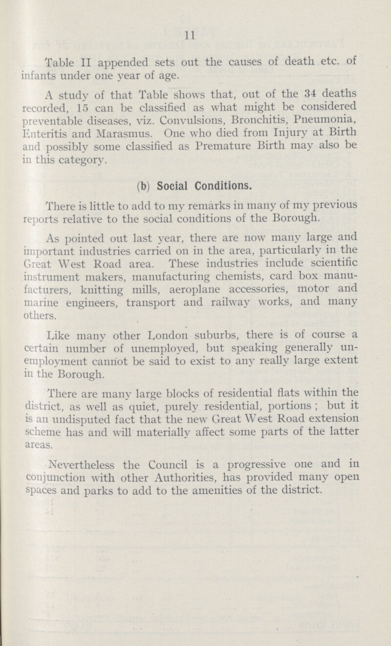 11 Table II appended sets out the causes of death etc. of infants under one year of age. A study of that Table shows that, out of the 34 deaths recorded, 15 can be classified as what might be considered preventable diseases, viz. Convulsions, Bronchitis, Pneumonia, Enteritis and Marasmus. One who died from Injury at Birth and possibly some classified as Premature Birth may also be in this category. (b) Social Conditions. There is little to add to my remarks in many of my previous reports relative to the social conditions of the Borough. As pointed out last year, there are now many large and important industries carried on in the area, particularly in the Great West Road area. These industries include scientific instrument makers, manufacturing chemists, card box manu facturers, knitting mills, aeroplane accessories, motor and marine engineers, transport and railway works, and many others. Like many other London suburbs, there is of course a certain number of unemployed, but speaking generally un employment cannot be said to exist to any really large extent in the Borough. There are many large blocks of residential flats within the district, as well as quiet, purely residential, portions ; but it is an undisputed fact that the new Great West Road extension scheme has and will materially affect some parts of the latter areas. Nevertheless the Council is a progressive one and in conjunction with other Authorities, has provided many open spaces and parks to add to the amenities of the district.