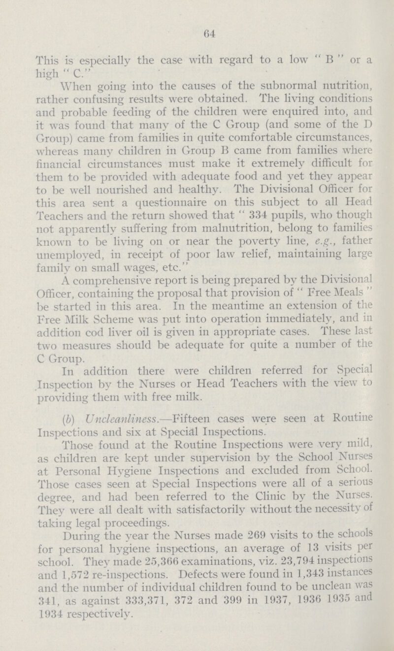 64 This is especially the case with regard to a low B or a high C When going into the causes of the subnormal nutrition, rather confusing results were obtained. The living conditions and probable feeding of the children were enquired into, and it was found that many of the C Group (and some of the D Group) came from families in quite comfortable circumstances, whereas many children in Group B came from families where financial circumstances must make it extremely difficult for them to be provided with adequate food and yet they appear to be well nourished and healthy. The Divisional Officer for this area sent a questionnaire on this subject to all Head Teachers and the return showed that 334 pupils, who though not apparently suffering from malnutrition, belong to families known to be living on or near the poverty line, e.g., father unemployed, in receipt of poor law relief, maintaining large family on small wages, etc. A comprehensive report is being prepared by the Divisional Officer, containing the proposal that provision of Free Meals be started in this area. In the meantime an extension of the Free Milk Scheme was put into operation immediately, and in addition cod liver oil is given in appropriate cases. These last two measures should be adequate for quite a number of the C Group. In addition there were children referred for Special Inspection by the Nurses or Head Teachers with the view to providing them with free milk. (b) Uncleanliness.—Fifteen cases were seen at Routine Inspections and six at .Special Inspections. Those found at the Routine Inspections were very mild, as children are kept under supervision by the School Nurses at Personal Hygiene Inspections and excluded from School. Those cases seen at Special Inspections were all of a serious degree, and had been referred to the Clinic by the Nurses. They were all dealt with satisfactorily without the necessity of taking legal proceedings. During the year the Nurses made 269 visits to the schools for personal hygiene inspections, an average of 13 visits per school. They made 25,366 examinations, viz. 23,794 inspections and 1,572 re-inspections. Defects were found in 1,343 instances and the number of individual children found to be unclean was 341, as against 333,371, 372 and 399 in 1937, 1936 1935 and 1934 respectively.