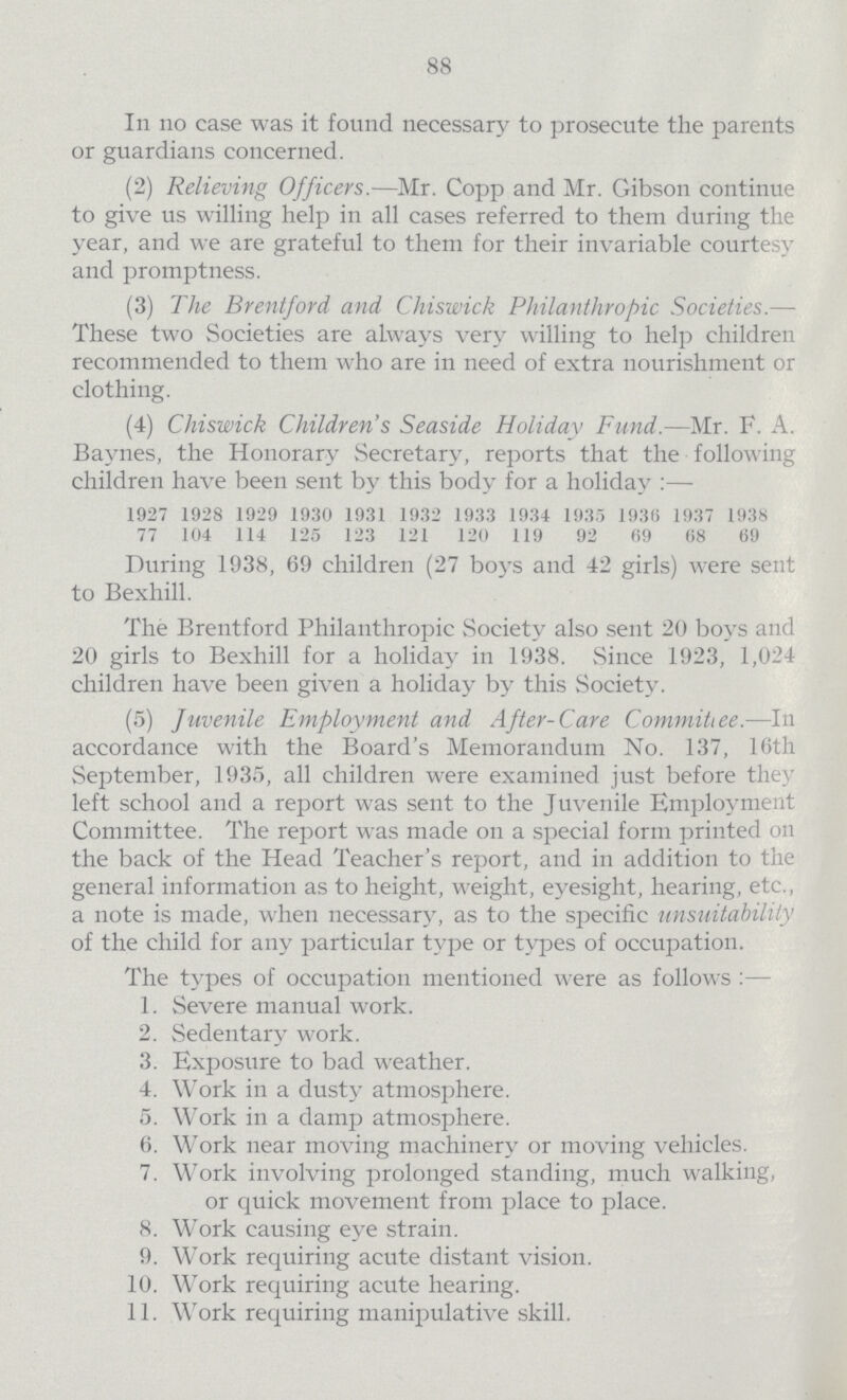 88 In no case was it found necessary to prosecute the parents or guardians concerned. (2) Relieving Officers.—Mr. Copp and Mr. Gibson continue to give us willing help in all cases referred to them during the year, and we are grateful to them for their invariable courtesy and promptness. (3) The Brentford and Chiswick Philanthropic Societies.— These two Societies are always very willing to help children recommended to them who are in need of extra nourishment or clothing. (4) Chiswick Children's Seaside Holiday Fund.—Mr. F. A. Baynes, the Honorary Secretary, reports that the following children have been sent by this body for a holiday :— 1927 1928 1929 1930 1931 1932 1933 1934 1935 1936 1937 1938 77 104 114 125 123 121 120 119 92 69 68 69 During 1938, 69 children (27 boys and 42 girls) were sent to Bexhill. The Brentford Philanthropic Society also sent 20 boys and 20 girls to Bexhill for a holiday in 1938. Since 1923, 1,024 children have been given a holiday by this Society. (5) Juvenile Employment and After-Care Committee.—In accordance with the Board's Memorandum No. 137, 16th September, 1935, all children were examined just before they left school and a report was sent to the Juvenile Employment Committee. The report was made on a special form printed on the back of the Head Teacher's report, and in addition to the general information as to height, weight, eyesight, hearing, etc., a note is made, when necessary, as to the specific unsuitability of the child for any particular type or types of occupation. The types of occupation mentioned were as follows:— 1. Severe manual work. 2. Sedentary work. 3. Exposure to bad weather. 4. Work in a dusty atmosphere. 5. Work in a damp atmosphere. 6. Work near moving machinery or moving vehicles. 7. Work involving prolonged standing, much walking, or quick movement from place to place. 8. Work causing eye strain. 9. Work requiring acute distant vision. 10. Work requiring acute hearing. 11. Work requiring manipulative skill.