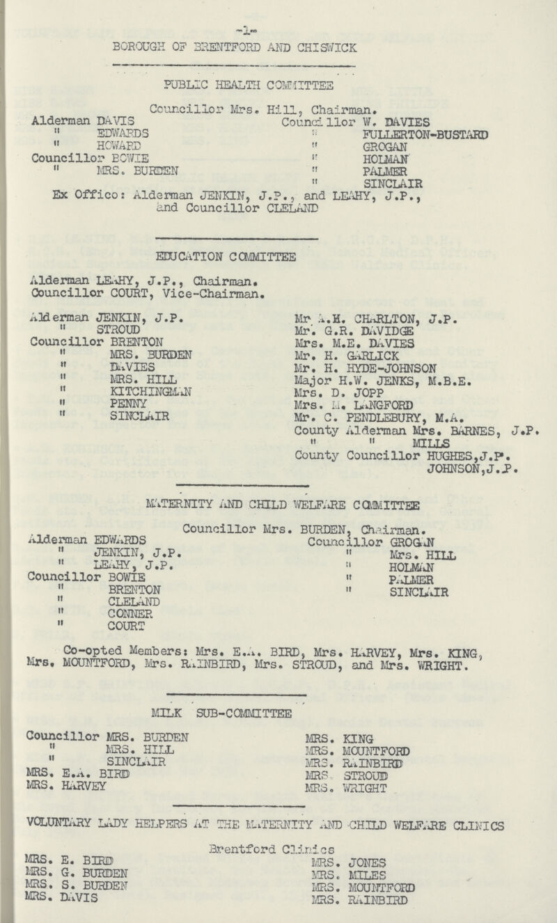 2 BOROUGH OF BRENTFORD AND CHISWICK PUBLIC HEALTH COMMITTEE Councillor Mrs. Hill, Chairman. Alderman DAVIS Councillor W, DAVIES „ EDWARDS FULLERTON-BUSTARD „ HOWARD „ GROGAN Councillor BOWIE „ HOLMAN „ . Mrs.BURDEN „ PALMER „ SINCLAIR Ex Offico: Alderman JENKIN, J.P., and LEAHY, J.P., and Councillor CLELAND EDUCATION COMMITTEE Alderman LEAHY, J.P., Chairman. Councillor COURT, Vice-Chairman. Alderman JENKIN, J.P. Mr A.H. CHARLTON, J.P. „ STROUD Mr. G.R. DAVIDGE Councillor BRENTON Mrs. M.E. DAVIES „ MRS. BURDEN Mr. H. GARLICK „ DAVIES Mr. H. HYDE-JOHNSON „ MRS. HILL Major H.W. JENKS, M.B.E. „ KITCHINGMAN Mrs. D. JOPP „ PENNY Mrs. M.LONGFORD „ SINCLAIR Mr. C. PENDLEBURY, M.A. County Alderman Mrs. BARNES, J.I „ „ MILLS County Councillor HUGHES,J.P. JOHNSON, J. JP. MATERNITY AND CHILD WELFARE COMMITTEE Councillor Mrs. BURDEN, Chairman. Alderman EDWARDS Councillor GROGUN „ JENKIN, J.P. „ Mrs. HILL „ LEAHY, J.P. „ HOLMAN Councillor BOWIE „ PALMER „ BRENTON „ SINCLAIR „ CLELAND „ CONNER „ COURT Co-opted Members: Mrs. E.A. BIRD, Mrs. HARVEY, Mrs. KING, Mrs, MOUNTFORD, Mrs. RAINBIRD, Mrs. STROUD, and Mrs. WRIGHT. MILK SUB-COMMITTEE Councillor MRS. BURDEN MRS. KING „ MRS. HILL MRS. MOUNTFORD „ SINCLAIR MRS. RAINBIRD MRS. E.A BIRD MRS. STROUD MRS. HARVEY MRS. WRIGHT VOLUNTARY LADY HELPERS AT THE MATERNITY AND CHILD WELFARE CLINICS Brentford Clinics MRS. E. BIRD MRS. JONES MRS. G. BURDEN MRS. MILES MRS. S. BURDEN MRS. MOUNTFORD MRS. DAVIS MRS. RAINBIRD