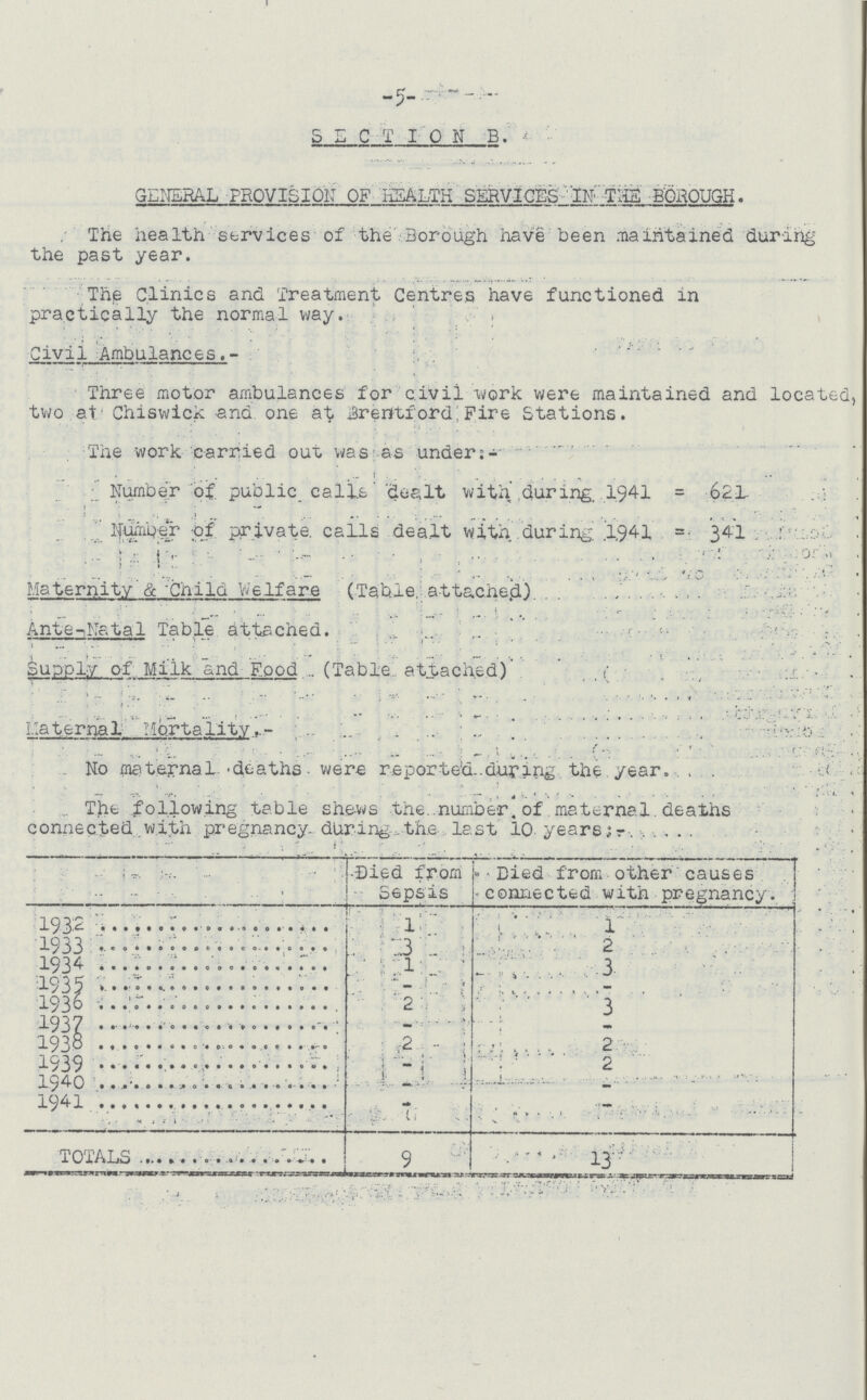 -5- SECTION B. GENERAL PROVISION OF HEALTH SERVICES IN THE BOROUGH. The health services of the Borough have been maintained during the past year. The Clinics and Treatment Centres have functioned in practically the normal way. Civil Ambulances.- Three motor ambulances for civil work were maintained and located, two at Chiswick and. one at Brentford Fire Stations. The work carried out was as under:- Number of public, calls dealt with during 1941 = 621 Number of private, calls dea.lt with during 1941= 341 Maternity & Child Welfare (Table, attached) Ante-Natal Table attached. Supply of Milk and Food (Table attached) Maternal Mortality.- No maternal deaths were reported during the year The following table shews the number of maternal deaths connected with pregnancy during the last 10 years:- Died from Sepsis Died from other causes connected with pregnancy. 1932 1 1 1933 3 2 1934 1 3 1935 - - 1936 2 3 1937 - - 1938 2 2 1939 - 2 1940 - - 1941 - - TOTALS 9 13