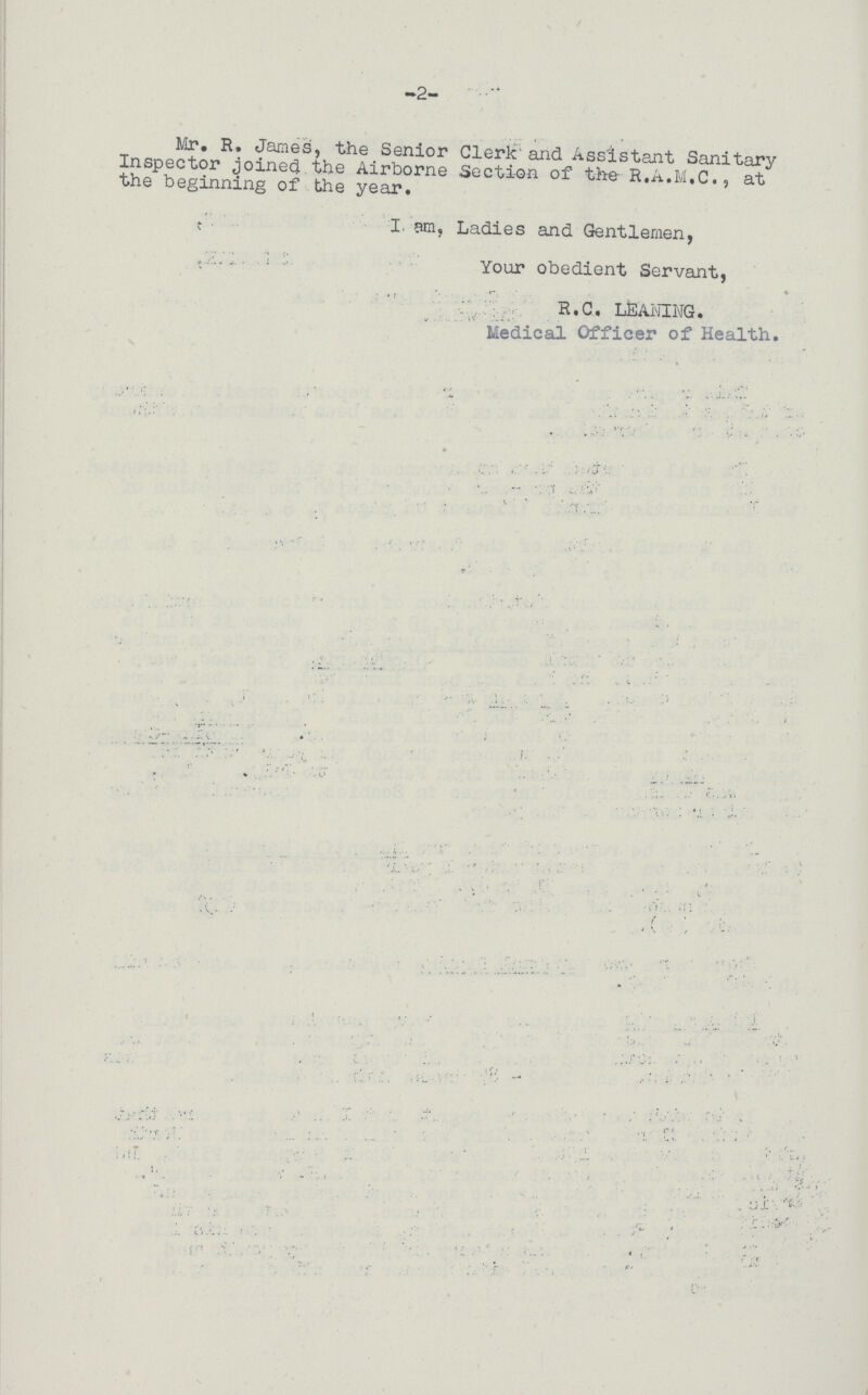 -2- Mr. R. James, the Senior Clerk' and Assistant Sanitary Inspector joined the Airborne Section of the R.A.M.C., at the beginning of the year. I am, Ladies and Gentlemen, Your obedient Servant, B.C. LEANING. Medical Officer of Health.