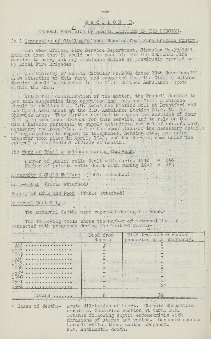 -6- SECTION B. GENERAL PROVISION OF HEALTH SERVICES IN THE BOROUGH. (a ) Separation of Civil Ambulance. Service from Fire Brigade Control The Home Office, Fire Service Department, Circular Ho.79/1941 laid it down that it would not be possible for the National Fire Service to carry out any ambulance duties as previously carried out by Local Fire Brigades. The Ministry of Health Circular No.2502 dated 19th November, 1942 drew Attention to this fact, and suggested that the Civil ambulance Service should be attached to the Civil Defence Ambulance Depots within the area. After full consideration of the matter, the Council decided to put such suggestion; into operation and that one Civil Ambulance should be Stationed at C.D. Ambulance Station No.l at Brentford and two Civil Ambulances at the C.D. Ambulance Station. No.2. in the Chiswick area. They further decided to engage the services of four full time ambulance drivers for this service, and to rely on the Civi. 1 Defence personnel to supply attendants and relief drivers when necessary and possible After the completion of the necessary details ;of organisation in regard to telephones, housing etc., the actual transfer took place in April, 1942, and the Service came under the control of the Medical Officer of Health. (b) Work of Civil Ambulances during the year. Number of public calls dealt, with during 1942 = 646 Number of private calls dealt with during 1942 = 463 Maternity & Child Welfare - (Table attached) Ante-Natal (Table attached) Supply of Milk and Food (Table attached) Maternal Mortality Two maternal deaths were reported during tr year.* The following table shows the number of maternal deaths connected with pregnancy during the last 10 years:- Died from Sepsis Died from other causes connected with pregnancy. 1933 3 2 1934 1 3 1935 - - 1936 2 3 1937 - - 1938 2 2 1939 - 2 1940 - - 1941 - - 1942 - 2* TOTAL 8 14 * Cause of deatht:- Acute dilatation of heart. Chronic Rheumatoid carpitis. Caesarian section at term. P.M. Tetanus following septic endometritis with abrasions of uterus and vagina. Deceased douched herself whilst three months pregnant. P.M. Accidental death.