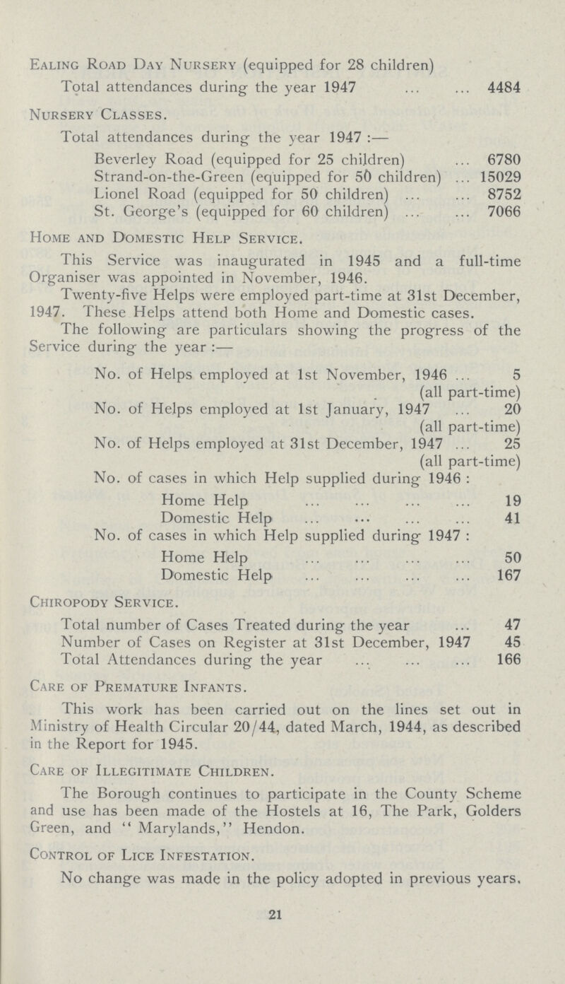 Ealing Road Day Nursery (equipped for 28 children) Total attendances during the year 1947 4484 Nursery Classes. Total attendances during the year 1947:— Beverley Road (equipped for 25 children) 6780 Strand-on-the-Green (equipped for 50 children) 15029 Lionel Road (equipped for 50 children) 8752 St. George's (equipped for 60 children) 7066 Home and Domestic Help Service. This Service was inaugurated in 1945 and a full-time Organiser was appointed in November, 1946. Twenty-five Helps were employed part-time at 31st December, 1947. These Helps attend both Home and Domestic cases. The following are particulars showing the progress of the Service during the year:— No. of Helps employed at 1st November, 1946 5 (all part-time) No. of Helps employed at 1st January, 1947 20 (all part-time) No. of Helps employed at 31st December, 1947 25 (all part-time) No. of cases in which Help supplied during 1946: Home Help 19 Domestic Help 41 No. of cases in which Help supplied during 1947: Home Help 50 Domestic Help 167 Chiropody Service. Total number of Cases Treated during the year 47 Number of Cases on Register at 31st December, 1947 45 Total Attendances during the year 166 Care of Premature Infants. This work has been carried out on the lines set out in Ministry of Health Circular 20/44, dated March, 1944, as described in the Report for 1945. Care of Illegitimate Children. The Borough continues to participate in the County Scheme and use has been made of the Hostels at 16, The Park, Golders Green, and Marylands, Hendon. Control of Lice Infestation. No change was made in the policy adopted in previous years. 21