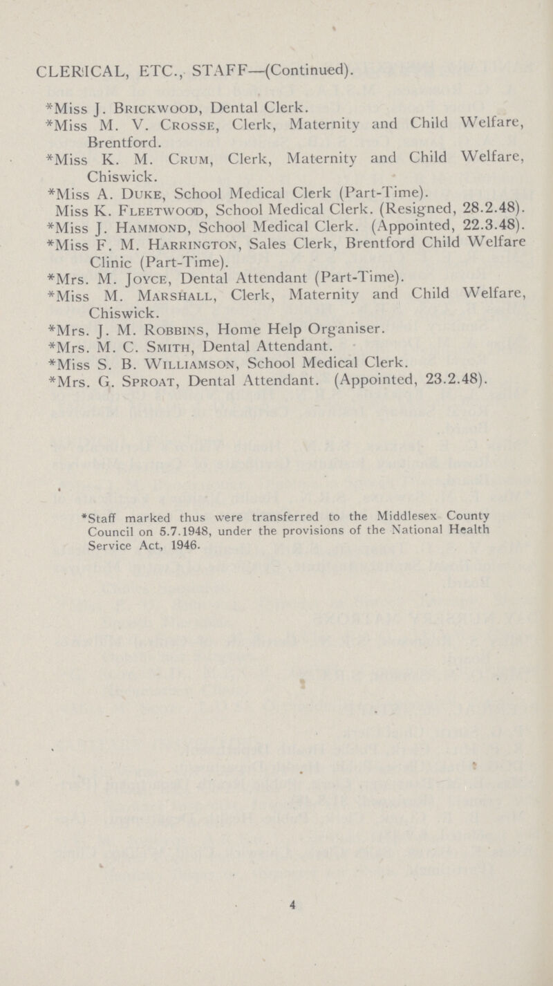CLERICAL, ETC., STAFF—(Continued). *Miss J. Brickwood, Dental Clerk. *Miss M. V. Crosse, Clerk, Maternity and Child Welfare, Brentford. *Miss K. M. Crum, Clerk, Maternity and Child Welfare, Chiswick. *Miss A. Duke, School Medical Clerk (Part-Time). Miss K. Fleetwood, School Medical Clerk. (Resigned, 28.2.48). *Miss J. Hammond, School Medical Clerk. (Appointed, 22.3.48). *Miss F. M. Harrington, Sales Clerk, Brentford Child Welfare Clinic (Part-Time). *Mrs. M. Joyce, Dental Attendant (Part-Time). *Miss M. Marshall, Clerk, Maternity and Child Welfare, Chiswick. *Mrs. J. M. Robbins, Home Help Organiser. *Mrs. M. C. Smith, Dental Attendant. *Miss S. B. Williamson, School Medical Clerk. *Mrs. G. Sproat, Dental Attendant. (Appointed, 23.2.48). *Staff marked thus were transferred to the Middlesex County Council on 5.7.1948, under the provisions of the National Health Service Act, 1946. 4