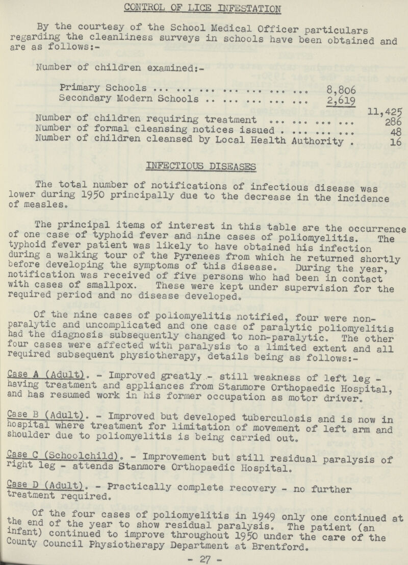 CONTROL OF LICE INFESTATION By the courtesy of the School Medical Officer particulars regarding the cleanliness surveys in schools have been obtained and are as follows Number of children examined:- Primary Schools 8,806 Secondary Modern Schools 2,619 11,425 Number of children requiring treatment 286 Number of formal cleansing notices issued 48 Number of children cleansed by Local Health Authority . 16 INFECTIOUS DISEASES The total number of notifications of infectious disease was lower during 1950 principally due to the decrease in the incidence of measles® The principal items of interest in this table are the occurrence of one case of typhoid fever and nine cases of poliomyelitis. The typhoid fever patient was likely to have obtained his infection daring a walking tour of the Pyrenees from which he returned shortly before developing the symptoms of this disease. During the year, notification was received of five persons who had been in contact with cases of smallpox. These were kept under supervision for the required period and no disease developed. Of the nine cases of poliomyelitis notified, four were non paralytic and uncomplicated and one case of paralytic poliomyelitis had the diagnosis subsequently changed to non-paralytic. The other four cases were affected with paralysis to a limited extent and all required subsequent physiotherapy, details being as follows:- Case A (Adult). - Improved greatly .- still weakness of left leg having treatment and appliances from Stanmore Orthopaedic Hospital, and has resumed work in his former occupation as motor driver. Case B (Adult). - Improved but developed tuberculosis and is now in hospital where treatment for limitation of movement of left arm and shoulder due to poliomyelitis is being carried out. Case C (Schoolchild). - Improvement but still residual paralysis of right leg - attends Stanmore Orthopaedic Hospital. Case D (Adult). - Practically complete recovery - no further treatment required. Of the four cases of poliomyelitis in 1949 only one continued at the end of the year to show residual paralysis. The patient (an infant) continued to improve throughout 1950 under the care of the County Council Physiotherapy Department at Brentford. -27-