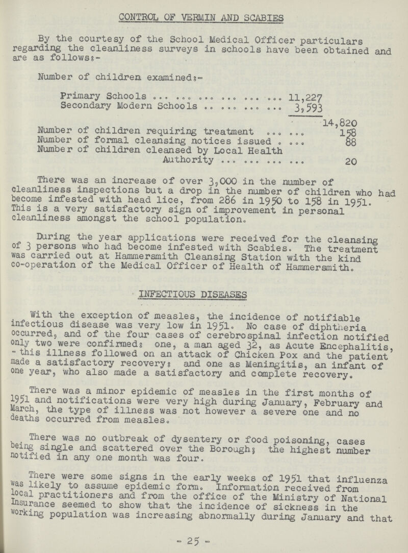 CONTROL OF VERMIN AND SCABIES By the courtesy of the School Medical Officer particulars regarding the cleanliness surveys in schools have been obtained and are as follows:- Number of children examined Primary Schools 11,227 Secondary Modern Schools 3,593 14,820 Number of children requiring treatment 158 Number of formal cleansing notices issued 88 Number of children cleansed by Local Health Authority 20 There was an increase of over 3,000 in the number of cleanliness inspections but a drop in the number of children who had become infested with head lice, from 286 in 1950 to 158 in 1951. This is a very satisfactory sign of improvement in personal cleanliness amongst the school population. During the year applications were received for the cleansing of 3 persons who had become infested with Scabies. The treatment was carried out at Hammersmith Cleansing Station with the kind co-operation of the Medical Officer of Health of Hammersmith. INFECTIOUS DISEASES With the exception of measles, the incidence of notifiable infectious disease was very low in 1951. No case of diphtheria occurred, and of the four cases of cerebrospinal infection notified only two were confirmedg one, a man aged 32, as Acute Encephalitis, - this illness followed on an attack of Chicken Pox and the patient made a satisfactory recovery: and one as Meningitis, an infant of one year, who also made a satisfactory and complete recovery. There was a minor epidemic of measles in the first months of 1951 and notifications were very high during January, February and March, the type of illness was not however a severe one and no deaths occurred from measles. There was no outbreak of dysentery or food poisoning, cases being single and scattered over the Borough; the highest number notified in any one month was four. There were some signs in the early weeks of 1951 that influenza was likely to assume epidemic form. Information received from local practitioners and from the office of the Ministry of National Insurance seemed to show that the incidence of sickness in the working population was increasing abnormally during January and that - 25 -