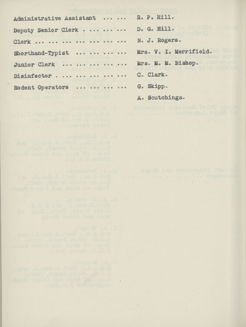Administrative Assistant R.P. Hill. Deputy Senior Clerk D.G. Hill. Clerk N.J. Rogers. Shorthand-Typist Mrs. V.I. Merrifield. Junior Clerk Mrs. M.M. Bishop. Disinfector C. Clark. Rodent Operators G. Skipp. A. Scutchings.