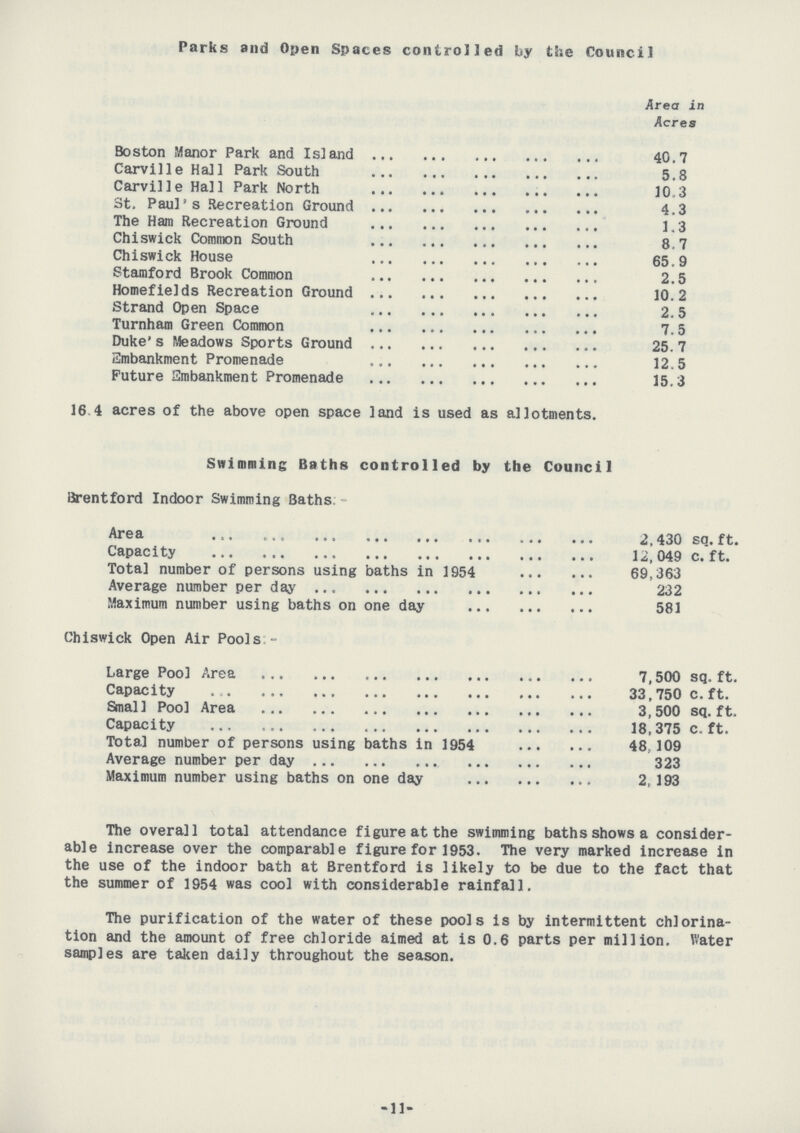 Parks and Open Spaces controlled by the Council Area in Acres Boston Manor Park and Island 40.7 Carville Hall Park South 5.8 Carville Hall Park North 10.3 St. Paul's Recreation Ground 4.3 The Ham Recreation Ground 1.3 Chiswick Common South 8.7 Chiswick House 65.9 Stamford Brook Common 2.5 Homefields Recreation Ground 10.2 Strand Open Space 2.5 Turnham Green Common 7.5 Duke's Meadows Sports Ground 25. 7 Embankment Promenade 12.5 Future Embankment Promenade 15.3 16 4 acres of the above open space land is used as allotments. Swimming Baths controlled by the Council Brentford Indoor Swimming Baths:- Area 2,430 sq.ft. Capacity 12,049 c. ft. Total number of persons using baths in 1954 69,363 Average number per day 232 Maximum number using baths on one day 581 Chiswick Open Air Pools:- Large Pool Area 7,500 sq. ft. Capacity 33,750 c. ft. Small Pool Area 3,500 sq. ft. Capacity 18,375 c. ft. Total number of persons using baths in 1954 48,109 Average number per day 323 Maximum number using baths on one day 2,193 The overall total attendance figure at the swimming baths shows a consider able increase over the comparable figure for 1953. The very marked increase in the use of the indoor bath at Brentford is likely to be due to the fact that the summer of 1954 was cool with considerable rainfall. The purification of the water of these pools is by intermittent chlorina tion and the amount of free chloride aimed at is 0.6 parts per million. Water samples are taken daily throughout the season. -11-