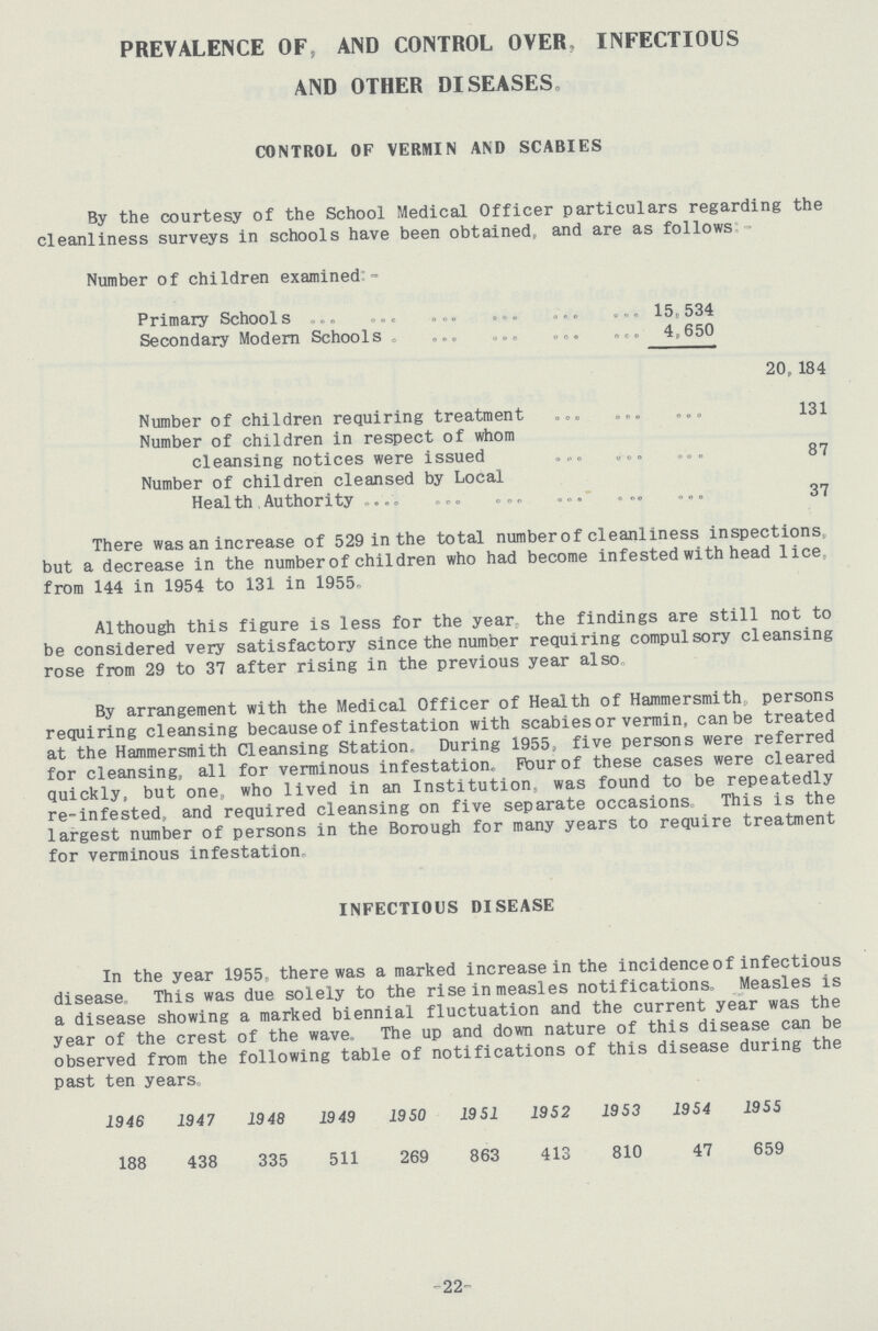 PREVALENCE OF, AND CONTROL OVER INFECTIOUS AND OTHER DISEASES CONTROL OF VERMIN AND SCABIES By the courtesy of the School Medical Officer particulars regarding the cleanliness surveys in schools have been obtained, and are as follows:- Number of children examined:- Primary Schools 15,534 Secondary Modern Schools. 4,650 20,184 Number of children requiring treatment 131 Number of children in respect of whom cleansing notices were issued 87 Number of children cleansed by Local Health Authority 37 There was an increase of 529 in the total number of cleanliness inspections but a decrease in the number of children who had become infested with head lice, from 144 in 1954 to 131 in 1955. Although this figure is less for the year, the findings are still not to be considered very satisfactory since the number requiring compulsory cleansing rose from 29 to 37 after rising in the previous year also. By arrangement with the Medical Officer of Health of Hammersmith, persons requiring cleansing because of infestation with scabies or vermin, can be treated at the Hammersmith Cleansing Station. During 1955, five persons were referred for cleansing, all for verminous infestation, Four of these cases were cleared quickly, but one, who lived in an Institution, was found to be repeatedly re-infested, and required cleansing on five separate occasions. This is the largest number of persons in the Borough for many years to require treatment for verminous infestation. INFECTIOUS DISEASE In the year 1955, there was a marked increase in the incidence of infectious disease. This was due solely to the rise in measles notifications. Measles is a disease showing a marked biennial fluctuation and the current year was the year of the crest of the wave. The up and down nature of this disease can be observed from the following table of notifications of this disease during the past ten years. 1946 1947 1948 1949 1950 1951 1952 1953 1954 1955 188 438 335 511 269 863 413 810 47 659 22