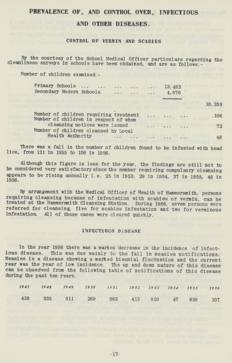 PREVALENCE 0F AND CONTROL OVER„< INFECTIOUS AND OTHER DISEASES. CONTROL OF VERMIN AND SCABIES By the courtesy of the School Medical Officer particulars regarding the cleanliness surveys in schools have been obtained, and are as follows: - Number of children examined: - Primary Schools 13,483 Secondary Modern Schools 4,876 18, 359 Number of children requiring treatment 106 Number of children in respect of whom cleansing notices were issued 72 Number of children cleansed by Local Health Authority 48 There was a fall in the number of children found to be infested with head lice, from 131 in 1955 to 106 in 1956, Although this figure is less for the year, the findings are still not to be considered very satisfactory since the number requiring compulsory cleansing appears to be rising annually i. e. 25 in 1953. 29 in 1954, 37 in 1955, 48 in 1956. By arrangement with the Medical Officer of Health of Hammersmith, persons requiring cleansing because of infestation with scabies or vermin, can be treated at the Hammersmith Cleansing Station During 1956., seven persons were referred for cleansing,, five for scabies infestation and two for verminous infestation. All of these cases were cleared quickly. INFECTIOUS DISEASE In the year 1956 there was a marked decrease in the incidence of infect ious disease This was due mainly to the fall in measles notifications. Measles is a disease showing a marked biennial fluctuation and the current year was the year of low incidence. The up and down nature of this disease can be observed from the following table of notifications of this disease during the past ten years. 1947 1948 1949 1950 1951 1952 1953 1954 1955 1956 438 335 511 269 863 413 810 47 659 107 -17-