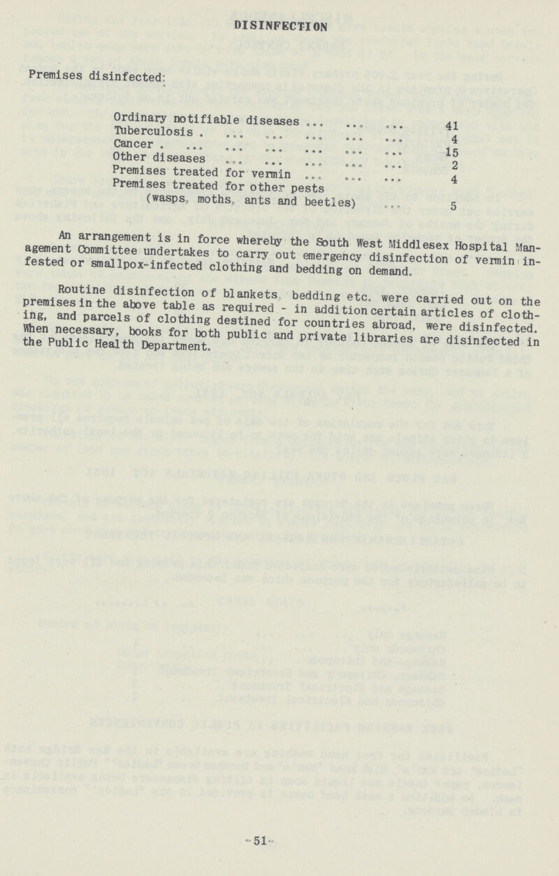 DISINFECTION Premises disinfected: Ordinary notifiable diseases 41 Tuberculosis 4 Cancer 15 Other diseases 2 Premises treated for vermin 4 Premises treated for other pests (wasps, moths, ants and beetles) 5 An arrangement is in force whereby the South West Middlesex Hospital Man agement Committee undertakes to carry out emergency disinfection of vermin in fested or smallpox-infected clothing and bedding on demand. Routine disinfection of blankets bedding etc. were carried out on the premises in the above table as required - in addition certain articles of cloth ing, and parcels of clothing destined for countries abroad, were disinfected. When necessary, books for both public and private libraries are disinfected in the Public Health Department. 51