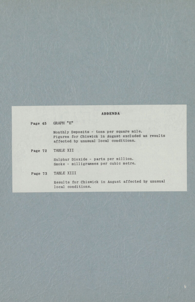 ADDENDA Page 45 GRAPH E Monthly Deposits-tons per square mile. Figures for Chiswick in August excluded as results affected by unusual local conditions. Page 72 TABLE XII Sulphur Dioxide-parts per million. Smoke-milligrammes per cubic metre. Page 73 TABLE XIII Results for Chiswick in August affected by unusual local conditions.
