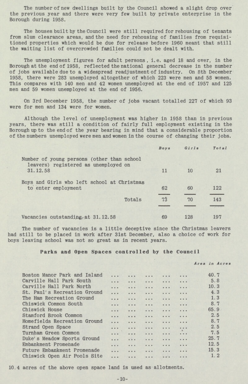 The number of new dwellings built by the Council showed a slight drop over the previous year and there were very few built by private enterprise in the Borough during 1958. The houses built by the Council were still required for rehousing of tenants from slum clearance areas, and the need for rehousing of families from requisi tioned properties which would be due for release before 1960 meant that still the waiting list of overcrowded families could not be dealt with. The unemployment figures for adult persons, i.e. aged 18 and over, in the Borough at the end of 1958, reflected the national general decrease in the number of jobs available due to a widespread readjustment of industry. On 8th December 1958, there were 283 unemployed altogether of which 223 were men and 58 women. This compares with 140 men and 42 women unemployed at the end of 1957 and 125 men and 59 women unemployed at the end of 1956. On 3rd December 1958, the number of jobs vacant totalled 227 of which 93 were for men and 134 were for women. Although the level of unemployment was higher in 1958 than in previous years, there was still a condition of fairly full employment existing in the Borough up to the end of the year bearing in mind that a considerable proportion of the numbers unemployed were men and women in the course of changing their jobs. Boys Girls Total Number of young persons (other than school leavers) registered as unemployed on 31.12.58 11 10 21 Boys and Girls who left school at Christmas to enter employment 62 60 122 Totals 73 70 143 Vacancies outstanding at 31.12.58 69 128 197 The number of vacancies is a little deceptive since the Christmas leavers had still to be placed in work after 31st December, also a choice of work for boys leaving school was not so great as in recent years. Parks and Open Spaces controlled by the Council Area in Acres Boston Manor Park and Island 40.7 Carville Hall Park South 5.8 Carville Hall Park North 10.3 St. Paul’s Recreation Ground 4.3 The Ham Recreation Ground 1.3 Chiswick Common South 8.7 Chiswick House 65.9 Stamford Brook Common 2.5 Homefields Recreation Ground 8.7 Strand Open Space 2.5 Turnham Green Common 7.5 Duke’s Meadow Sports Ground 25.7 Embankment Promenade 12.5 Future Embankment Promenade 15.3 Chiswick Open Air Pools Site 1.2 10.4 acres of the above open space land is used as allotments. 10