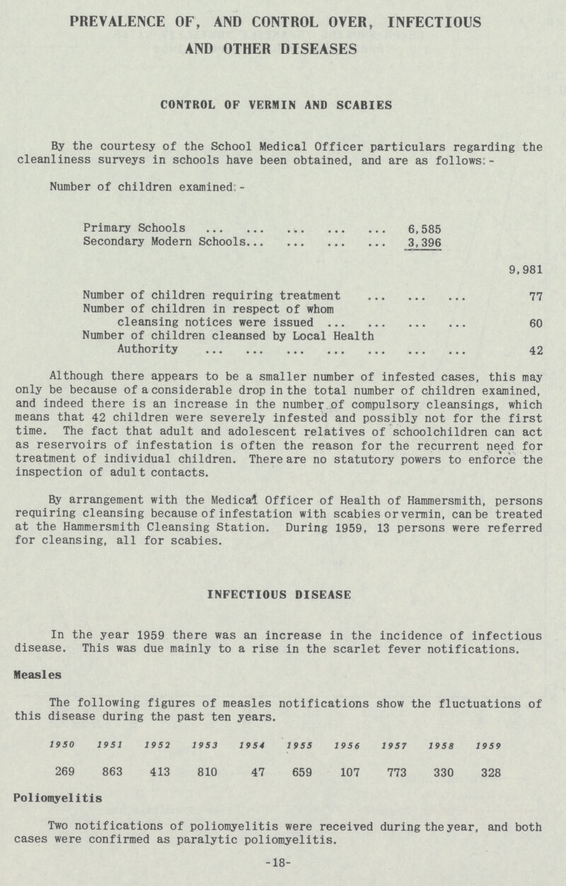 PREVALENCE OF, AND CONTROL OVER, INFECTIOUS AND OTHER DISEASES CONTROL OF VERMIN AND SCABIES By the courtesy of the School Medical Officer particulars regarding the cleanliness surveys in schools have been obtained, and are as follows:- Number of children examined:- Primary Schools 6,585 Secondary Modern Schools 3,396 9,981 Number of children requiring treatment 77 Number of children in respect of whom cleansing notices were issued 60 Number of children cleansed by Local Health Authority 42 Although there appears to be a smaller number of infested cases, this may only be because of a considerable drop in the total number of children examined, and indeed there is an increase in the number of compulsory cleansings, which means that 42 children were severely infested and possibly not for the first time. The fact that adult and adolescent relatives of schoolchildren can act as reservoirs of infestation is often the reason for the recurrent need for treatment of individual children. There are no statutory powers to enforce the inspection of adult contacts. By arrangement with the Medical Officer of Health of Hammersmith, persons requiring cleansing because of infestation with scabies or vermin, can be treated at the Hammersmith Cleansing Station. During 1959, 13 persons were referred for cleansing, all for scabies. INFECTIOUS DISEASE In the year 1959 there was an increase in the incidence of infectious disease. This was due mainly to a rise in the scarlet fever notifications. Measles The following figures of measles notifications show the fluctuations of this disease during the past ten years. 1950 1951 1952 1953 1954 1955 1956 1957 1958 1959 269 863 413 810 47 659 107 773 330 328 Poliomyelitis Two notifications of poliomyelitis were received during the year, and both cases were confirmed as paralytic poliomyelitis. -18-