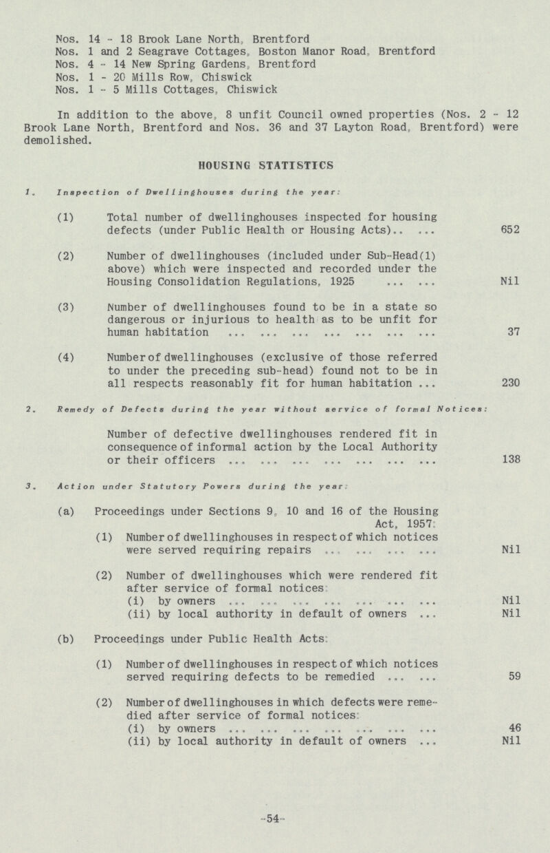 Nos. 14 - 18 Brook Lane North, Brentford Nos. 1 and 2 Seagrave Cottages, Boston Manor Road Brentford Nos. 4-14 New Spring Gardens, Brentford Nos. 1-20 Mills Row, Chiswick Nos. 1 - 5 Mills Cottages, Chiswick In addition to the above, 8 unfit Council owned properties (Nos. 2-12 Brook Lane North, Brentford and Nos. 36 and 37 Layton Road, Brentford) were demolished. HOUSING STATISTICS J. Inspection of Dwellinghouses during the year: (1) Total number of dwellinghouses inspected for housing defects (under Public Health or Housing Acts) 652 (2) Number of dwellinghouses (included under Sub-Head(l) above) which were inspected and recorded under the Housing Consolidation Regulations, 1925 Nil (3) Number of dwellinghouses found to be in a state so dangerous or injurious to health as to be unfit for human habitation 37 (4) Number of dwellinghouses (exclusive of those referred to under the preceding sub-head) found not to be in all respects reasonably fit for human habitation 230 2. Remedy of Defects during the year without service of formal Notices: Number of defective dwellinghouses rendered fit in consequence of informal action by the Local Authority or their officers 138 3. Action under Statutory Powers during the year. (a) Proceedings under Sections 9, 10 and 16 of the Housing Act, 1957 (1) Number of dwellinghouses in respect of which notices were served requiring repairs Nil (2) Number of dwellinghouses which were rendered fit after service of formal notices (i) by owners Nil (ii) by local authority in default of owners Nil (b) Proceedings under Public Health Acts: (1) Number of dwellinghouses in respect of which notices served requiring defects to be remedied 59 (2) Number of dwellinghouses in which defects were reme died after service of formal notices: (l) by owners 46 (ii) by local authority in default of owners Nil -54-