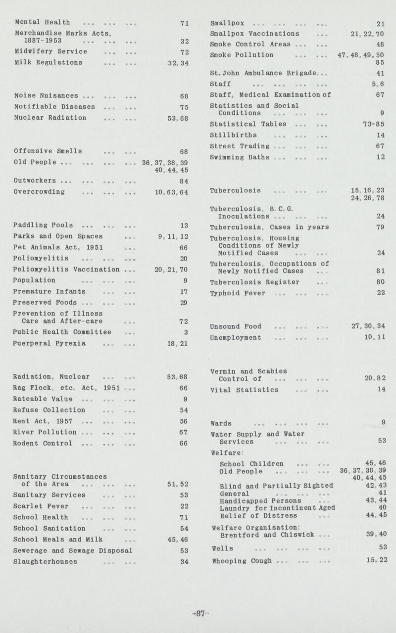 Mental Health 71 Merchandise Marks Acts, 1887-1953 32 Midwifery Service 72 Milk Regulations 32,34 Noise Nuisances 68 Notifiable Diseases 75 Nuclear Radiation 53,68 Offensive Smells 68 Old People 36,37,38,39 40,44,45 Outworkers 84 Overcrowding 10,63,64 Paddling Pools 13 Parks and Open Spaces 9,11,12 Pet Animals Act, 1951 66 Poliomyelitis 20 Poliomyelitis Vaccination 20,21,70 Population 9 Premature Infants 17 Preserved Foods 29 Prevention of Illness Care and After-care 72 Public Health Committee 3 Puerperal Pyrexia 18,21 Radiation, Nuclear 53,68 Rag Flock, etc. Act, 1951 66 Rateable Value 9 Refuse Collection 54 Rent Act, 1957 56 River Pollution 67 Rodent Control 66 Sanitary Circumstances of the Area 51,52 Sanitary Services 53 Scarlet Fever 22 School Health 71 School Sanitation 54 School Meals and Milk 45,46 Sewerage and Sewage Disposal 53 Slaughterhouses 34 Smallpox 21 Smallpox Vaccinations 21,22,70 Smoke Control Areas 48 Smoke Pollution 47,48,49,50 85 St.John Ambulance Brigade 41 Staff 5,6 Staff, Medical Examination of 67 Statistics and Social Conditions 9 Statistical Tables 73-85 Stillbirths 14 Street Trading 67 Swimming Baths 12 Tuberculosis 15,16,23 24, 26, 78 Tuberculosis, B. C. G. Inoculations 24 Tuberculosis, Cases in years 79 Tuberculosis, Housing Conditions of Newly Notified Cases 24 Tuberculosis, Occupations of Newly Notified Cases 81 Tuberculosis Register 80 Typhoid Fever 23 Unsound Food 27,30,34 Unemployment 10,11 Vermin and Scabies Control of 20,82 Vital Statistics 14 Wards 9 Water Supply and Water Services 53 Welfare School Children 45,46 Old People 36,37,38,39 40, 44, 45 Blind and Partially Sighted 42,43 General 41 Handicapped Persons 43,44 Laundry for Incontinent Aged 40 Relief of Distress 44,45 Welfare Organisation- Brentford and Chiswick 39,40 Wells 53 Whooping Cough 15, 25 87