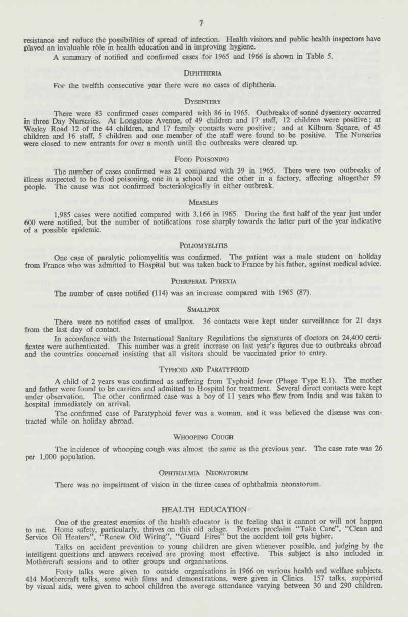 7 resistance and reduce the possibilities of spread of infection. Health visitors and public health inspectors have played an invaluable role in health education and in improving hygiene. A summary of notified and confirmed cases for 1965 and 1966 is shown in Table 5. Diphtheria For the twelfth consecutive year there were no cases of diphtheria. Dysentery There were 83 confirmed cases compared with 86 in 1965. Outbreaks of sonné dysentery occurred in three Day Nurseries. At Longstone Avenue, of 49 children and 17 staff, 12 children were positive; at Wesley Road 12 of the 44 children, and 17 family contacts were positive; and at Kilburn Square, of 45 children and 16 staff, 5 children and one member of the staff were found to be positive. The Nurseries were closed to new entrants for over a month until the outbreaks were cleared up. Food Poisoning The number of cases confirmed was 21 compared with 39 in 1965. There were two outbreaks of illness suspected to be food poisoning, one in a school and the other in a factory, affecting altogether 59 people. The cause was not confirmed bacteriologically in either outbreak. Measles 1,985 cases were notified compared with 3,166 in 1965. During the first half of the year just under 600 were notified, but the number of notifications rose sharply towards the latter part of the year indicative of a possible epidemic. Poliomyelitis One case of paralytic poliomyelitis was confirmed. The patient was a male student on holiday from France who was admitted to Hospital but was taken back to France by his father, against medical advice. Puerperal Pyrexia The number of cases notified (114) was an increase compared with 1965 (87). Smallpox There were no notified cases of smallpox. 36 contacts were kept under surveillance for 21 days from the last day of contact. In accordance with the International Sanitary Regulations the signatures of doctors on 24,400 certi ficates were authenticated. This number was a great increase on last year's figures due to outbreaks abroad and the countries concerned insisting that all visitors should be vaccinated prior to entry. Typhoid and Paratyphoid A child of 2 years was confirmed as suffering from Typhoid fever (Phage Type E.l). The mother and father were found to be carriers and admitted to Hospital for treatment. Several direct contacts were kept under observation. The other confirmed case was a boy of 11 years who flew from India and was taken to hospital immediately on arrival. The confirmed case of Paratyphoid fever was a woman, and it was believed the disease was con tracted while on holiday abroad. Whooping Cough The incidence of whooping cough was almost the same as the previous year. The case rate was 26 per 1,000 population. Ophthalmia Neonatorum There was no impairment of vision in the three cases of ophthalmia neonatorum. HEALTH EDUCATION One of the greatest enemies of the health educator is the feeling that it cannot or will not happen to me. Home safety, particularly, thrives on this old adage. Posters proclaim Take Care, Clean and Service Oil Heaters, Renew Old Wiring, Guard Fires but the accident toll gets higher. Talks on accident prevention to young children are given whenever possible, and judging by the intelligent questions and answers received are proving most effective. This subject is also included in Mothercraft sessions and to other groups and organisations. Forty talks were given to outside organisations in 1966 on various health and welfare subjects. 414 Mothercraft talks, some with films and demonstrations, were given in Clinics. 157 talks, supported by visual aids, were given to school children the average attendance varying between 30 and 290 children.