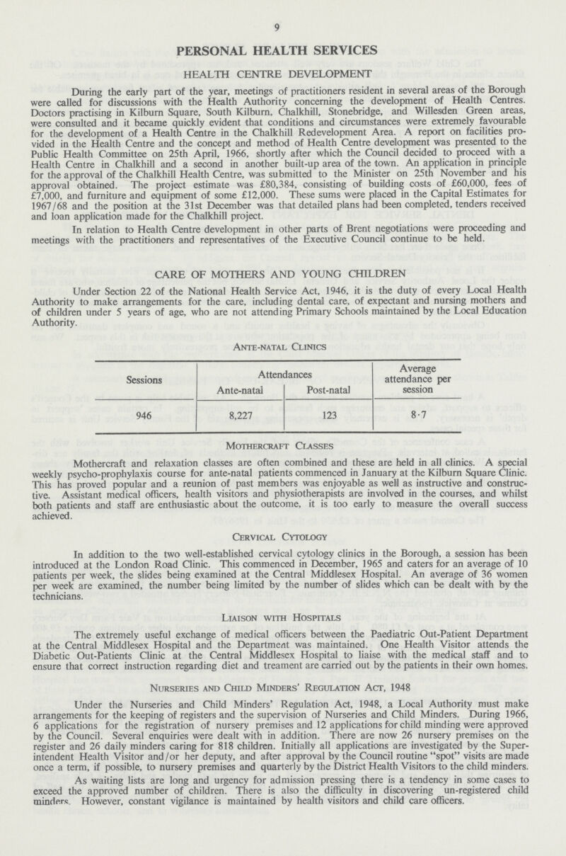 9 PERSONAL HEALTH SERVICES HEALTH CENTRE DEVELOPMENT During the early part of the year, meetings of practitioners resident in several areas of the Borough were called for discussions with the Health Authority concerning the development of Health Centres. Doctors practising in Kilburn Square, South Kilburn, Chalkhill, Stonebridge, and Willesden Green areas, were consulted and it became quickly evident that conditions and circumstances were extremely favourable for the development of a Health Centre in the Chalkhill Redevelopment Area. A report on facilities pro vided in the Health Centre and the concept and method of Health Centre development was presented to the Public Health Committee on 25th April, 1966, shortly after which the Council decided to proceed with a Health Centre in Chalkhill and a second in another built-up area of the town. An application in principle for the approval of the Chalkhill Health Centre, was submitted to the Minister on 25th November and his approval obtained. The project estimate was £80,384, consisting of building costs of £60,000, fees of £7,000, and furniture and equipment of some £12,000. These sums were placed in the Capital Estimates for 1967/68 and the position at the 31st December was that detailed plans had been completed, tenders received and loan application made for the Chalkhill project. In relation to Health Centre development in other parts of Brent negotiations were proceeding and meetings with the practitioners and representatives of the Executive Council continue to be held. CARE OF MOTHERS AND YOUNG CHILDREN Under Section 22 of the National Health Service Act, 1946, it is the duty of every Local Health Authority to make arrangements for the care, including dental care, of expectant and nursing mothers and of children under 5 years of age, who are not attend ing Primary Schools maintained by the Local Education Authority. Ante-natal Clinics Sessions Attendances Average attendance per session Ante-natal Post-natal 946 8,227 123 8.7 Mothercraft Classes Mothercraft and relaxation classes are often combined and these are held in all clinics. A special weekly psycho-prophylaxis course for ante-natal patients commenced in January at the Kilburn Square Clinic. This has proved popular and a reunion of past members was enjoyable as well as instructive and construc tive. Assistant medical officers, health visitors and physiotherapists are involved in the courses, and whilst both patients and staff are enthusiastic about the outcome, it is too early to measure the overall success achieved. Cervical Cytology In addition to the two well-established cervical cytology clinics in the Borough, a session has been introduced at the London Road Clinic. This commenced in December, 1965 and caters for an average of 10 patients per week, the slides being examined at the Central Middlesex Hospital. An average of 36 women per week are examined, the number being limited by the number of slides which can be dealt with by the technicians. Liaison with Hospitals The extremely useful exchange of medical officers between the Paediatric Out-Patient Department at the Central Middlesex Hospital and the Department was maintained. One Health Visitor attends the Diabetic Out-Patients Clinic at the Central Middlesex Hospital to liaise with the medical staff and to ensure that correct instruction regarding diet and treament are carried out by the patients in their own homes. Nurseries and Child Minders' Regulation Act, 1948 Under the Nurseries and Child Minders' Regulation Act, 1948, a Local Authority must make arrangements for the keeping of registers and the supervision of Nurseries and Child Minders. During 1966, 6 applications for the registration of nursery premises and 12 applications for child minding were approved by the Council. Several enquiries were dealt with in addition. There are now 26 nursery premises on the register and 26 daily minders caring for 818 children. Initially all applications are investigated by the Super intendent Health Visitor and/or her deputy, and after approval by the Council routine spot visits are made once a term, if possible, to nursery premises and quarterly by the District Health Visitors to the child minders. As waiting lists are long and urgency for admission pressing there is a tendency in some cases to exceed the approved number of children. There is also the difficulty in discovering un-registered child minders. However, constant vigilance is maintained by health visitors and child care officers.