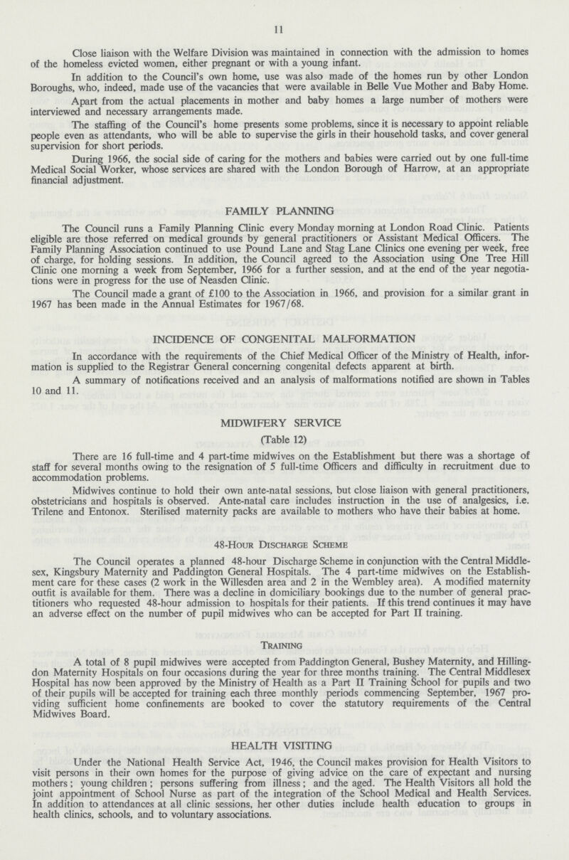 11 Close liaison with the Welfare Division was maintained in connection with the admission to homes of the homeless evicted women, either pregnant or with a young infant. In addition to the Council's own home, use was also made of the homes run by other London Boroughs, who, indeed, made use of the vacancies that were available in Belle Vue Mother and Baby Home. Apart from the actual placements in mother and baby homes a large number of mothers were interviewed and necessary arrangements made. The staffing of the Council's home presents some problems, since it is necessary to appoint reliable people even as attendants, who will be able to supervise the girls in their household tasks, and cover general supervision for short periods. During 1966, the social side of caring for the mothers and babies were carried out by one full-time Medical Social Worker, whose services are shared with the London Borough of Harrow, at an appropriate financiail adjustment. FAMILY PLANNING The Council runs a Family Planning Clinic every Monday morning at London Road Clinic. Patients eligible are those referred on medical grounds by general practitioners or Assistant Medical Officers. The Family Planning Association continued to use Pound Lane and Stag Lane Clinics one evening per week, free of charge, for holding sessions. In addition, the Council agreed to the Association using One Tree Hill Clinic one morning a week from September, 1966 for a further session, and at the end of the year negotia tions were in progress for the use of Neasden Clinic. The Council made a grant of £100 to the Association in 1966, and provision for a similar grant in 1967 has been made in the Annual Estimates for 1967/68. INCIDENCE OF CONGENITAL MALFORMATION In accordance with the requirements of the Chief Medical Officer of the Ministry of Health, infor mation is supplied to the Registrar General concerning congenital defects apparent at birth. A summary of notifications received and an analysis of malformations notified are shown in Tables 10 and 11. MIDWIFERY SERVICE (Table 12) There are 16 full-time and 4 part-time midwives on the Establishment but there was a shortage of staff for several months owing to the resignation of 5 full-time Officers and difficulty in recruitment due to accommodation problems. Midwives continue to hold their own ante-natal sessions, but close liaison with general practitioners, obstetricians and hospitals is observed. Ante-natal care includes instruction in the use of analgesics, i.e. Trilene and Entonox. Sterilised maternity packs are available to mothers who have their babies at home. 48-Hour Discharge Scheme The Council operates a planned 48-hour Discharge Scheme in conjunction with the Central Middle sex, Kingsbury Maternity and Paddington General Hospitals. The 4 part-time midwives on the Establish ment care for these cases (2 work in the Willesden area and 2 in the Wembley area). A modified maternity outfit is available for them. There was a decline in domiciliary bookings due to the number of general prac titioners who requested 48-hour admission to hospitals for their patients. If this trend continues it may have an adverse effect on the number of pupil midwives who can be accepted for Part II training. Training A total of 8 pupil midwives were accepted from Paddington General, Bushey Maternity, and Hilling don Maternity Hospitals on four occasions during the year for three months training. The Central Middlesex Hospital has now been approved by the Ministry of Health as a Part II Training School for pupils and two of their pupils will be accepted for training each three monthly periods commencing September, 1967 pro viding sufficient home confinements are booked to cover the statutory requirements of the Central Midwives Board. HEALTH VISITING Under the National Health Service Act, 1946, the Council makes provision for Health Visitors to visit persons in their own homes for the purpose of giving advice on the care of expectant and nursing mothers; young children; persons suffering from illness; and the aged. The Health Visitors all hold the joint appointment of School Nurse as part of the integration of the School Medical and Health Services. In addition to attendances at all clinic sessions, her other duties include health education to groups in health clinics, schools, and to voluntary associations.