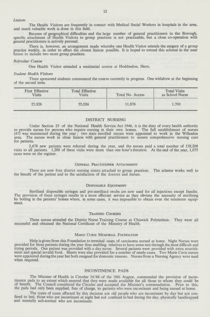 12 Liaison The Health Visitors are frequently in contact with Medical Social Workers in hospitals in the area, and much valuable work is done in this field. Because of geographical difficulties and the large number of general practitioners in the Borough, specific attachment of Health Visitors to group practices is not practicable, but a close co-operation with general practitioners is actively pursued. There is, however, an arrangement made whereby one Health Visitor attends the surgery of a group practice weekly, in order to effect the closest liaison possible. It is hoped to extend this scheme in the near future to include two more group practices. Refresher Course One Health Visitor attended a residential course at Hoddesdon, Herts. Student Health Visitors Three sponsored students commenced the course currently in progress. One withdrew at the beginning of the second term. First Effective Visits Total Effective Visits Total No Access Total Visits as School Nurse 25,826 55,024 11,876 1,700 DISTRICT NURSING Under Section 25 of the National Health Service Act 1946, it is the duty of every health authority to provide nurses for persons who require nursing in their own homes. The full establishment of nurses (47) was maintained during the year; two state enrolled nurses were appointed to work in the Willesden area. The nurses work in close liaison with general practitioners to ensure comprehensive nursing care for patients. 2,678 new patients were referred during the year, and the nurses paid a total number of 138,208 visits to all patients. 1,288 of these visits were more than one hour's duration. At the end of the year, 1,075 cases were on the register. General Practitioner Attachment There are now four district nursing sisters attached to group practices. The scheme works well to the benefit of the patient and to the satisfaction of the doctors and nurses. Disposable Equipment Sterilised disposable syringes and pre-sterilised swabs are now used for all injections except Insulin. The provision of these syringes results in a more efficient service as they obviate the necessity of sterilising by boiling in the patients' homes where, in some cases, it was impossible to obtain even the minimum equip ment. Training Courses Three nurses attended the District Nurse Training Course at Chiswick Polytechnic. They were all successful and obtained the National Certificate of the Ministry of Health. Marie Curie Memorial Foundation Help is given from this Foundation to terminal cases of carcinoma nursed at home. Night Nurses were provided for three patients during the year thus enabling relatives to have some rest through the most difficult and trying periods. One patient was provided with a day nurse. Several patients were provided with extra nourish ment and special invalid food. Sheets were also provided for a number of needy cases. Two Marie Curie nurses were appointed during the year but both resigned for domestic reasons. Nurses from a Nursing Agency were used when required. INCONTINENCE PADS The Minister of Health in Circular 14/66 of the 18th August, commended the provision of incon tinence pads to an extent which ensured that they were made available for all those to whom they could be of benefit. The Council considered the Circular and accepted the Minister's commendation. Prior to this, the pads had only been supplied, free of charge, to patients who were incontinent and being nursed at home. The types of cases affected by this decision are old people who are incontinent by day but not con fined to bed, those who are incontinent at night but not confined to bed during the day, physically handicapped and mentally sub-normal who are incontinent.