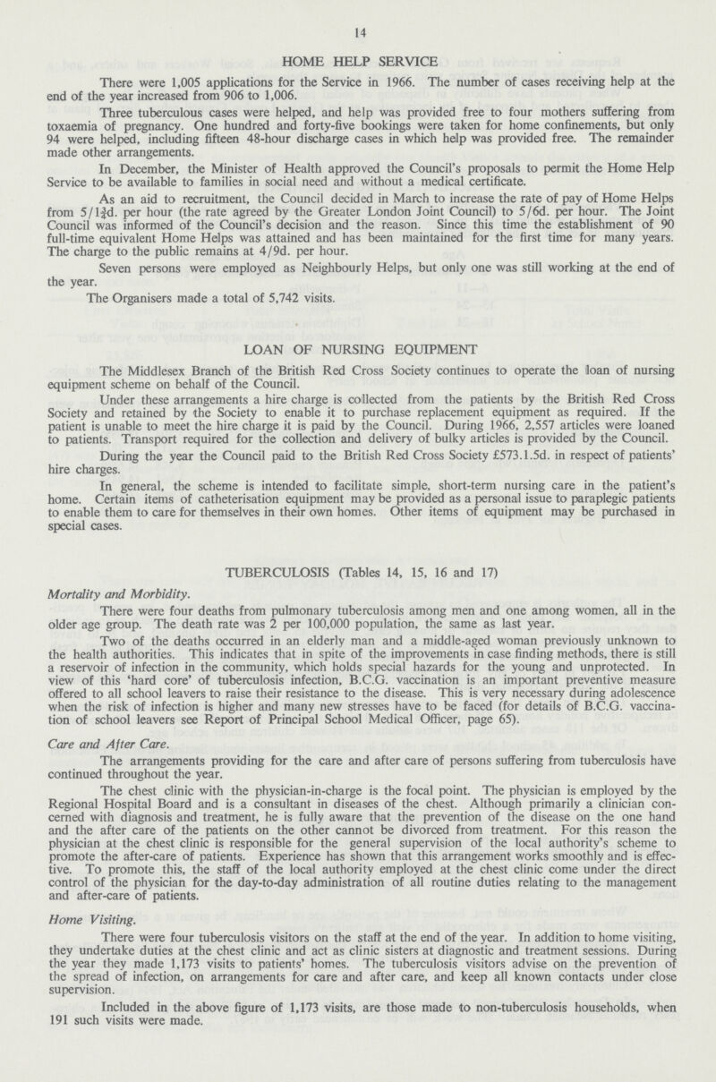 14 HOME HELP SERVICE There were 1,005 applications for the Service in 1966. The number of cases receiving help at the end of the year increased from 906 to 1,006. Three tuberculous cases were helped, and help was provided free to four mothers suffering from toxaemia of pregnancy. One hundred and forty-five bookings were taken for home confinements, but only 94 were helped, including fifteen 48-hour discharge cases in which help was provided free. The remainder made other arrangements. In December, the Minister of Health approved the Council's proposals to permit the Home Help Service to be available to families in social need and without a medical certificate. As an aid to recruitment, the Council decided in March to increase the rate of pay of Home Helps from 5/l 3/4d. per hour (the rate agreed by the Greater London Joint Council) to 5/6d. per hour. The Joint Council was informed of the Council's decision and the reason. Since this time the establishment of 90 full-time equivalent Home Helps was attained and has been maintained for the first time for many years. The charge to the public remains at 4/9d. per hour. Seven persons were employed as Neighbourly Helps, but only one was still working at the end of the year. The Organisers made a total of 5,742 visits. LOAN OF NURSING EQUIPMENT The Middlesex Branch of the British Red Cross Society continues to operate the Joan of nursing equipment scheme on behalf of the Council. Under these arrangements a hire charge is collected from the patients by the British Red Cross Society and retained by the Society to enable it to purchase replacement equipment as required. If the patient is unable to meet the hire charge it is paid by the Council. During 1966, 2,557 articles were loaned to patients. Transport required for the collection and delivery of bulky articles is provided by the Council. During the year the Council paid to the British Red Cross Society £573.1.5d. in respect of patients' hire charges. In general, the scheme is intended to facilitate simple, short-term nursing care in the patient's home. Certain items of catheterisation equipment may be provided as a personal issue to paraplegic patients to enable them to care for themselves in their own homes. Other items of equipment may be purchased in special cases. TUBERCULOSIS (Tables 14, 15, 16 and 17) Mortality and Morbidity. There were four deaths from pulmonary tuberculosis among men and one among women, all in the older age group. The death rate was 2 per 100,000 population, the same as last year. Two of the deaths occurred in an elderly man and a middle-aged woman previously unknown to the health authorities. This indicates that in spite of the improvements in case finding methods, there is still a reservoir of infection in the community, which holds special hazards for the young and unprotected. In view of this 'hard core' of tuberculosis infection, B.C.G. vaccination is an important preventive measure offered to all school leavers to raise their resistance to the disease. This is very necessary during adolescence when the risk of infection is higher and many new stresses have to be faced (for details of B.C.G. vaccina tion of school leavers see Report of Principal School Medical Officer, page 65). Care and After Care. The arrangements providing for the care and after care of persons suffering from tuberculosis have continued throughout the year. The chest clinic with the physician-in-charge is the focal point. The physician is employed by the Regional Hospital Board and is a consultant in diseases of the chest. Although primarily a clinician con cerned with diagnosis and treatment, he is fully aware that the prevention of the disease on the one hand and the after care of the patients on the other cannot be divorced from treatment. For this reason the physician at the chest clinic is responsible for the general supervision of the local authority's scheme to promote the after-care of patients. Experience has shown that this arrangement works smoothly and is effec tive. To promote this, the staff of the local authority employed at the chest clinic come under the direct control of the physician for the day-to-day administration of all routine duties relating to the management and after-care of patients. Home Visiting. There were four tuberculosis visitors on the staff at the end of the year. In addition to home visiting, they undertake duties at the chest clinic and act as clinic sisters at diagnostic and treatment sessions. During the year they made 1,173 visits to patients' homes. The tuberculosis visitors advise on the prevention of the spread of infection, on arrangements for care and after care, and keep all known contacts under close supervision. Included in the above figure of 1,173 visits, are those made to non-tuberculosis households, when 191 such visits were made.