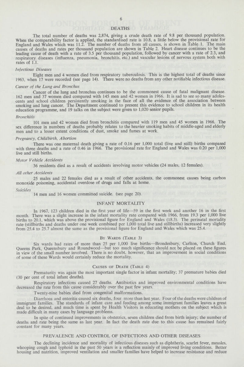 6 DEATHS The total number of deaths was 2,874, giving a crude death rate of 9.8 per thousand population. When the comparability factor is applied, the standardised rate is 10.8, a little below the provisional rate for England and Wales which was 11.2. The number of deaths from all causes, is shown in Table 1. The main causes of deaths and rates per thousand population are shown in Table 2. Heart disease continues to be the leading cause of death with a rate of 3.5 per thousand population, followed by cancer with a rate of 2.3, and respiratory diseases (influenza, pneumonia, bronchitis, etc.) and vascular lesions of nervous system both with rates of 1.1. Infectious Diseases Eight men and 4 women died from respiratory tuberculosis. This is the highest total of deaths since 1963, when 17 were recorded (see page 14). There were no deaths from any other notifiable infectious disease. Cancer of the Lung and Bronchus Cancer of the lung and bronchus continues to be the commonest cause of fatal malignant disease. 162 men and 37 women died compared with 145 men and 42 women in 1966. It is sad to see so many adoles cents and school children persistently smoking in the face of all the evidence of the association between smoking and lung cancer. The Department continued to present this evidence to school children in its health education programme, and 19 talks on the subject were given to 1,020 senior pupils. Bronchitis 101 men and 42 women died from bronchitis compared with 119 men and 45 women in 1966. The sex difference in numbers of deaths probably relates to the heavier smoking habits of middle-aged and elderly men and to a lesser extent conditions of dust, smoke and fumes at work. Pregnancy, Childbirth, Abortion There was one maternal death giving a rate of 0.16 per 1,000 total (live and still) births compared with three deaths and a rate of 0.46 in 1966. The provisional rate for England and Wales was 0.20 per 1,000 live and still births. Motor Vehicle Accidents 36 residents died as a result of accidents involving motor vehicles (24 males. 12 females). All other Accidents 25 males and 22 females died as a result of other accidents, the commonest causes being carbon monoxide poisoning, accidental overdose of drugs and falls at home. Suicides 14 men and 16 women committed suicide, (see page 20). INFANT MORTALITY In 1967, 123 children died in the first year of life—59 in the first week and another 16 in the first month. There was a slight increase in the infant mortality rate compared with 1966, from 19.3 per 1,000 live births to 20.1, which was above the provisional figure for England and Wales (18.3). The perinatal mortality rate (stillbirths and deaths under one week combined per 1,000 total live and stillbirths) increased very slightly from 25.4 to 25.7 almost the same as the provisional figure for England and Wales which was 25.4. By Wards (Table 3) Six wards had rates of more than 25 per 1,000 live births—Brondesbury, Carlton, Church End, Queens Park, Queensbury and Roundwood—but too much significance should not be placed on these figures in view of the small number involved. There is no doubt, however, that an improvement in social conditions of some of these Wards would certainly reduce the mortality. Causes of Death (Table 4) Prematurity was again the most important single factor in infant mortality; 37 premature babies died (30 per cent of total infant deaths). Respiratory infections caused 27 deaths. Antibiotics and improved environmental conditions have decreased the rate from this cause considerably over the past few years. Twenty-nine babies died from congenital malformations. Diarrhoea and enteritis caused six deaths, four more than last year. Four of the deaths were children of immigrant families. The standards of infant care and feeding among some immigrant families leaves a great deal to be desired, and much time is spent by Health Visitors in educating mothers on the subject which is made difficult in many cases by language problems. In spite of continued improvements in obstetrics, seven children died from birth injury; the number of deaths and rate being the same as last year. In fact the death rate due to this cause has remained fairly constant for many years. PREVALENCE AND CONTROL OF INFECTIONS AND OTHER DISEASES The declining incidence and mortality of infectious diseases such as diphtheria, scarlet fever, measles, whooping cough and typhoid in the past 50 years is a reflection mainly of improved living conditions. Better housing and nutrition, improved ventilation and smaller families have helped to increase resistance and reduce