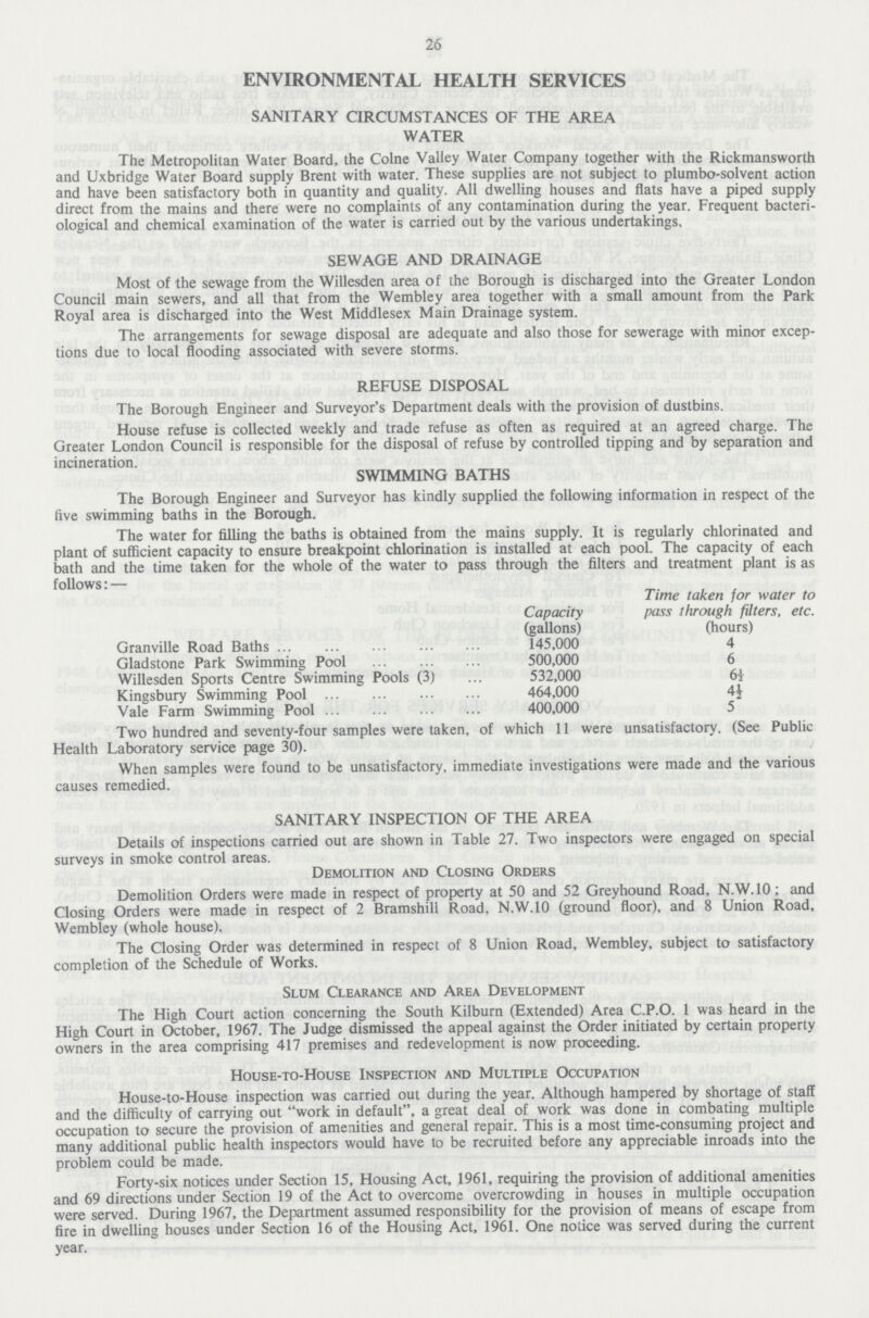 26 ENVIRONMENTAL HEALTH SERVICES SANITARY CIRCUMSTANCES OF THE AREA WATER The Metropolitan Water Board, the Colne Valley Water Company together with the Rickmansworth and Uxbridge Water Board supply Brent with water. These supplies are not subject to plumbo-solvent action and have been satisfactory both in quantity and quality. All dwelling houses and flats have a piped supply direct from the mains and there were no complaints of any contamination during the year. Frequent bacteri ological and chemical examination of the water is carried out by the various undertakings. SEWAGE AND DRAINAGE Most of the sewage from the Willesden area of the Borough is discharged into the Greater London Council main sewers, and all that from the Wembley area together with a small amount from the Park Royal area is discharged into the West Middlesex Main Drainage system. The arrangements for sewage disposal are adequate and also those for sewerage with minor excep tions due to local flooding associated with severe storms. REFUSE DISPOSAL The Borough Engineer and Surveyor's Department deals with the provision of dustbins. House refuse is collected weekly and trade refuse as often as required at an agreed charge. The Greater London Council is responsible for the disposal of refuse by controlled tipping and by separation and incineration. SWIMMING BATHS The Borough Engineer and Surveyor has kindly supplied the following information in respect of the five swimming baths in the Borough. The water for filling the baths is obtained from the mains supply. It is regularly chlorinated and plant of sufficient capacity to ensure breakpoint chlorination is installed at each pool. The capacity of each bath and the time taken for the whole of the water to pass through the filters and treatment plant is as follows: — Time taken for water to Capacity pass through filters, etc. (gallons) (hours) Granville Road Baths 145,000 4 Gladstone Park Swimming Pool 500,000 6 Willesden Sports Centre Swimming Pools (3) 532,000 6½ Kingsbury Swimming Pool 464,000 4½ Vale Farm Swimming Pool 400,000 5 Two hundred and seventy-four samples were taken, of which 11 were unsatisfactory. (See Public Health Laboratory service page 30). When samples were found to be unsatisfactory, immediate investigations were made and the various causes remedied. SANITARY INSPECTION OF THE AREA Details of inspections carried out are shown in Table 27. Two inspectors were engaged on special surveys in smoke control areas. Demolition and Closing Orders Demolition Orders were made in respect of property at 50 and 52 Greyhound Road, N.W.10; and Closing Orders were made in respect of 2 Bramshill Road, N.W.10 (ground floor), and 8 Union Road, Wembley (whole house). The Closing Order was determined in respect of 8 Union Road, Wembley, subject to satisfactory completion of the Schedule of Works. Slum Clearance and Area Development The High Court action concerning the South Kilburn (Extended) Area C.P.O. 1 was heard in the High Court in October, 1967. The Judge dismissed the appeal against the Order initiated by certain property owners in the area comprising 417 premises and redevelopment is now proceeding. House-to-House Inspection and Multiple Occupation House-to-House inspection was carried out during the year. Although hampered by shortage of staff and the difficulty of carrying out work in default, a great deal of work was done in combating multiple occupation to secure the provision of amenities and general repair. This is a most time-consuming project and many additional public health inspectors would have to be recruited before any appreciable inroads into the problem could be made. Forty-six notices under Section 15, Housing Act, 1961, requiring the provision of additional amenities and 69 directions under Section 19 of the Act to overcome overcrowding in houses in multiple occupation were served. During 1967, the Department assumed responsibility for the provision of means of escape from fire in dwelling houses under Section 16 of the Housing Act, 1961. One notice was served during the current year.