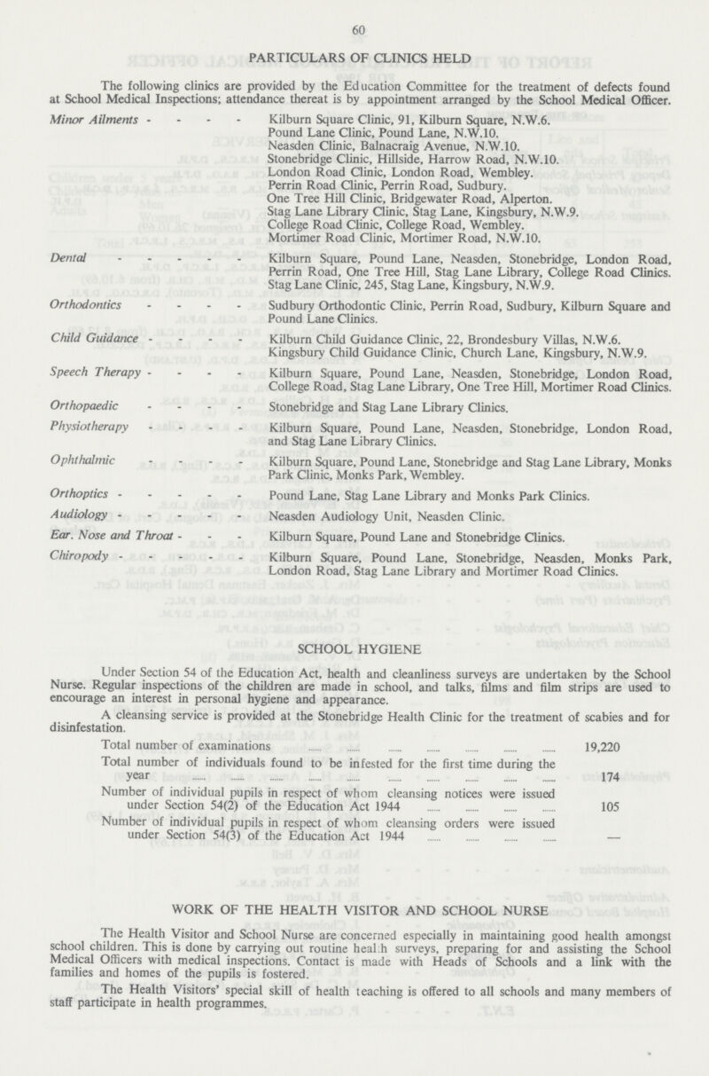 60 PARTICULARS OF CLINICS HELD The following clinics are provided by the Education Committee for the treatment of defects found at School Medical Inspections; attendance thereat is by appointment arranged by the School Medical Officer. Minor Ailments - Kilburn Square Clinic, 91, Kilburn Square, N.W.6. Pound Lane Clinic, Pound Lane, N.W.10. Neasden Clinic, Balnacraig Avenue, N.W.10. Stonebridge Clinic, Hillside, Harrow Road, N.W.10. London Road Clinic, London Road, Wembley. Perrin Road Clinic, Perrin Road, Sudbury. One Tree Hill Clinic, Bridgewater Road, Alperton. Stag Lane Library Clinic, Stag Lane, Kingsbury, N.W.9. College Road Clinic, College Road, Wembley. Mortimer Road Clinic, Mortimer Road, N.W.10. Dental Kilburn Square, Pound Lane, Neasden, Stonebridge, London Road, Perrin Road, One Tree Hill, Stag Lane Library, College Road Clinics. Stag Lane Clinic, 245, Stag Lane, Kingsbury, N.W.9. Orthodontics Sudbury Orthodontic Clinic, Perrin Road, Sudbury, Kilburn Square and Pound Lane Clinics. Child Guidance - Kilburn Child Guidance Clinic, 22, Brondesbury Villas, N.W.6. Kingsbury Child Guidance Clinic, Church Lane, Kingsbury, N.W.9. Speech Therapy - Kilburn Square, Pound Lane, Neasden, Stonebridge, London Road, College Road, Stag Lane Library, One Tree Hill, Mortimer Road Clinics. Orthopaedic Stonebridge and Stag Lane Library Clinics. Physiotherapy - Kilburn Square, Pound Lane, Neasden, Stonebridge, London Road, and Stag Lane Library Clinics. Ophthalmic Kilburn Square, Pound Lane, Stonebridge and Stag Lane Library, Monks Park Clinic, Monks Park, Wembley. Orthoptics Pound Lane, Stag Lane Library and Monks Park Clinics. Audiology Neasden Audiology Unit, Neasden Clinic. Ear. Nose and Throat- Kilburn Square, Pound Lane and Stonebridge Clinics. Chiropody Kilburn Square, Pound Lane, Stonebridge, Neasden, Monks Park, London Road, Stag Lane Library and Mortimer Road Clinics. SCHOOL HYGIENE Under Section 54 of the Education Act, health and cleanliness surveys are undertaken by the School Nurse. Regular inspections of the children are made in school, and talks, films and film strips are used to encourage an interest in personal hygiene and appearance. A cleansing service is provided at the Stonebridge Health Clinic for the treatment of scabies and for disinfestation. Total number of examinations 19,220 Total number of individuals found to be infested for the first time during the year 174 Number of individual pupils in respect of whom cleansing notices were issued under Section 54(2) of the Education Act 1944 105 Number of individual pupils in respect of whom cleansing orders were issued under Section 54(3) of the Education Act 1944 — WORK OF THE HEALTH VISITOR AND SCHOOL NURSE The Health Visitor and School Nurse are concerned especially in maintaining good health amongst school children. This is done by carrying out routine heal.h surveys, preparing for and assisting the School Medical Officers with medical inspections. Contact is made with Heads of Schools and a link with the families and homes of the pupils is fostered. The Health Visitors' special skill of health teaching is offered to all schools and many members of staff participate in health programmes.
