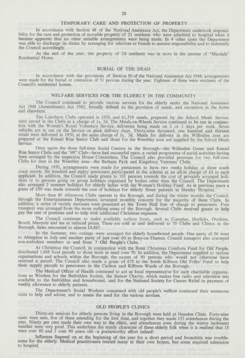 28 TEMPORARY CARE AND PROTECTION OF PROPERTY In accordance with Section 48 of the National Assistance Act, the Department undertook responsi bility for the care and protection of movable property of 21 residents who were admitted to hospital when it became apparent that no other suitable arrangements were being made. In 4 other cases the Department was able to discharge its duties by arranging for relatives or friends to assume responsibility and to indemnify the Council accordingly. At the end of the year, the property of 26 residents was in store in the annexe of Mardale Residential Home. BURIAL OF THE DEAD In accordance with the provisions of Section 50 of the National Assistance Act 1948, arrangements were made for the burial or cremation of 31 persons during the year. Eighteen of these were residents of the Council's residential homes. WELFARE SERVICES FOR THE ELDERLY IN THE COMMUNITY The Council continued to provide various services for the elderly under the National Assistance Act 1948 (Amendment) Act 1962, broadly defined as the provision of meals, and recreation in the home and elsewhere. Ten Luncheon Clubs operated in 1970, and 61,719 meals, prepared by the School Meals Service, were served in the Clubs at a charge of Is. 3d. The Meals-on-Wheels Service continued to be run in conjunc tion with the Women's Royal Voluntary Service, deliveries being made on 2 or 3 days per week. Seven vehicles are in use on the Service on peak delivery days. Thirty-nine thousand, one hundred and thirteen meals were delivered in 1970, at the same charge of Is. 3d. Meals for delivery in the Willesden area are prepared at the Kensal Rise Senior Club and those for the Wembley area are supplied by the School Meals Service. Once again the three full-time Social Centres in the Borough—the Willesden Green and Kensal Rise Senior Clubs and the 49 Club—have had successful years, a varied programme of social activities having been arranged by the respective House Committees. The Council also provided premises for two full-time Clubs for men in the Wembley area—the Barham Park and Kingsbury Veterans' Clubs. During 1970, arrangements were made for pensioners to have two weeks holiday at three south coast resorts. Six hundred and eighty pensioners participated in the scheme at an all-in charge of £4 to each applicant. In addition, the Council made grants to 101 persons towards the cost of privately arranged holi days or to persons going on group holidays organised by bodies other than the Council. The Department also arranged 2 summer holidays for elderly ladies with the Women's Holiday Fund. As in previous years a grant of £50 was made towards the cost of holidays for elderly Brent patients in Shenley Hospital. More than 40 Afternoon Clubs operate in the Borough, and during the winter months the Council, through the Entertainments Department, arranged monthly concerts for the majority of these Clubs. In addition, a series of variety matinees were presented at the Town Hall free of charge to pensioners. Free transport was arranged from the more outlying areas of the Borough. Several Clubs received grants to help pay the rent of premises and to help with additional Christmas expenses. The Council continues to make available welfare foods, such as Complan, Horlicks, Ovaltine, Bovril, Marmite and tea at reduced prices. These are sold at and delivered to 35 Clubs and Clinics in the Borough. Sales amounted to almost £4,867. In the Summer, two outings were arranged for elderly housebound people. One party of 56 went to Abingdon in July and another party of just over 60 to Bray-on-Thames. Council transport also conveyed non-ambulent members to and from 7 Old People's Clubs. At Christmas the Council, in conjunction with the Brent Christmas Comforts Fund for Old People, distributed 1,688 food parcels to those most in need over 70. In addition, the Department supplied to various organisations and schools within the Borough, the names of 90 persons who would not otherwise have received a parcel. The Council also made a grant of £75 to the South Kilburn Old Folks' Fund to help them supply parcels to pensioners in the Carlton and Kilburn Wards of the Borough. The Medical Officer of Health continued to act as local representative for such charitable organisa tions as Wireless for the Bedridden Society, the Steiner Charity, which makes free radio and television sets available to the bedridden and housebound, and for the National Society for Cancer Relief in payment of weekly allowance to elderly patients. The Department's Social Workers concerned with old people's welfare continued their numerous visits to help and advise, and to assess the need for the various services. OLD PEOPLE'S CLINICS Thirty-six sessions for elderly persons living in the Borough were held at Neasden Clinic. Forty-nine cases were seen, five of these attending for the first time, and together they made 153 attendances during the year. Ninety per cent made their own way to the clinic, and attendances even during the wintry inclement weather were very good. This underlines the sturdy character of these elderly folk when it is realised that 15 were over 80 and 3 over 90 years old—a praiseworthy effort indeed! Influenza lingered on at the beginning of the year for a short period and bronchitis was trouble some for the elderly. Medical practitioners treated many in their own homes, but some required admission to hospital.