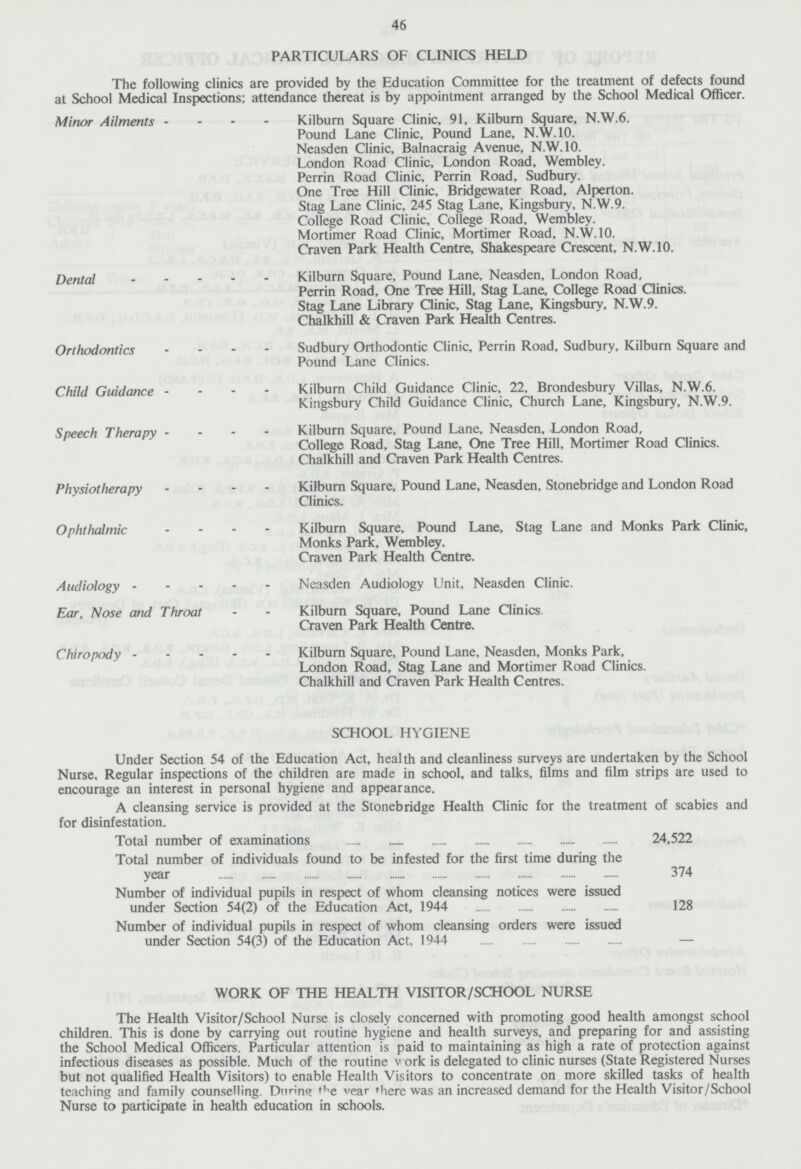 46 PARTICULARS OF CLINICS HELD The following clinics are provided by the Education Committee for the treatment of defects found at School Medical Inspections; attendance thereat is by appointment arranged by the School Medical Officer. Minor Ailments Dental - Orthodontics Child Guidance Speech Therapy Physiotherapy Ophthalmic Audiology Ear, Nose and Throat Chiropody Kilburn Square Clinic, 91, Kilburn Square, N.W.6. Pound Lane Clinic, Pound Lane, N.W.10. Neasden Clinic, Balnacraig Avenue, N.W.10. London Road Clinic, London Road, Wembley. Perrin Road Clinic, Perrin Road, Sudbury. One Tree Hill Clinic, Bridgewater Road, Alperton. Stag Lane Clinic, 245 Stag Lane, Kingsbury, N.W.9. College Road Clinic, College Road, Wembley. Mortimer Road Clinic, Mortimer Road, N.W.10. Craven Park Health Centre, Shakespeare Crescent, N.W.10. Kilburn Square, Pound Lane, Neasden, London Road, Perrin Road, One Tree Hill, Stag Lane, College Road Clinics. Stag Lane Library Clinic, Stag Lane, Kingsbury, N.W.9. Chalkhill & Craven Park Health Centres. Sudbury Orthodontic Clinic, Perrin Road, Sudbury, Kilburn Square and Pound Lane Clinics. Kilburn Child Guidance Clinic, 22, Brondesbury Villas, N.W.6. Kingsbury Child Guidance Clinic, Church Lane, Kingsbury, N.W.9. Kilburn Square, Pound Lane, Neasden, London Road, College Road, Stag Lane, One Tree Hill, Mortimer Road Clinics. Chalkhill and Craven Park Health Centres. Kilburn Square, Pound Lane, Neasden, Stonebridge and London Road Clinics. Kilburn Square, Pound Lane, Stag Lane and Monks Park Clinic, Monks Park, Wembley. Craven Park Health Centre. Neasden Audiology Unit, Neasden Clinic. Kilburn Square, Pound Lane Clinics. Craven Park Health Centre. Kilburn Square, Pound Lane, Neasden, Monks Park, London Road, Stag Lane and Mortimer Road Clinics. Chalkhill and Craven Park Health Centres. SCHOOL HYGIENE Under Section 54 of the Education Act, health and cleanliness surveys are undertaken by the School Nurse, Regular inspections of the children are made in school, and talks, films and film strips are used to encourage an interest in personal hygiene and appearance. A cleansing service is provided at the Stonebridge Health Clinic for the treatment of scabies and for disinfestation. Total number of examinations 24,522 Total number of individuals found to be infested for the first time during the year 374 Number of individual pupils in respect of whom cleansing notices were issued under Section 54(2) of the Education Act, 1944 128 Number of individual pupils in respect of whom cleansing orders were issued under Section 54(3) of the Education Act, 1944 — WORK OF THE HEALTH VISITOR/SCHOOL NURSE The Health Visitor/School Nurse is closely concerned with promoting good health amongst school children. This is done by carrying out routine hygiene and health surveys, and preparing for and assisting the School Medical Officers. Particular attention is paid to maintaining as high a rate of protection against infectious diseases as possible. Much of the routine v ork is delegated to clinic nurses (State Registered Nurses but not qualified Health Visitors) to enable Health Visitors to concentrate on more skilled tasks of health teaching and family counselling. During the year there was an increased demand for the Health Visitor/School Nurse to participate in health education in schools.