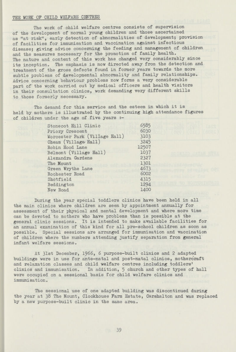 THE WORK OF CHILD WELFARE CENTRES The work of child welfare centres consists of supervision of the development of normal young children and those ascertained as at risk, early detection of abnormalities of development} provision of facilities for immunisation and vaccination against infectious disease; giving advice concerning the feeding and management of children and the measures necessary for the promotion of family health. The nature and content of this work has changed very considerably since its inception. The emphasis is now directed away from the detection and treatment of the gross defects found in former years towards the more subtle problems of developmental abnormality and family relationships. Advice concerning behaviour problems now forms a very considerable part of the work carried out by medical officers and health visitors in their consultation clinics, work demanding very different skills to those formerly necessary. The demand for this service and the esteem in which it is held by mothers is illustrated by the continuing high attendance figures of children under the age of five years :- Stonecot Hill Clinic 6585 Priory Crescent 6030 Worcester Park (Village Hall) 3103 Cheam (Village Hall) 3245 Robin Hood Lane 12507 Belmont (Village Hall) 1037 Alexandra Gardens 2327 The Mount 1301 Green Wrythe Lane 4673 Rochester Road 6002 Shotfield 4315 Beddington 1294 New Road 1400 During the year special toddlers clinics have been held in all the main clinics where children are seen by appointment annually for assessment of their physical and mental development and where more time can be devoted to mothers who have problems than is possible at the general clinic sessions. It is intended to make available facilities for an annual examination of this kind for all pre-school children as soon as possible. Special sessions are arranged for immunisation and vaccination of children where the numbers attending justify separation from general infant welfare sessions. At 31st December, 1966, 6 purpose-built clinics and 2 adapted buildings were in use for ante-natal and post-natal clinics, mothercraft and relaxation classes and child welfare centres including toddlers' clinics and immunisation. In addition, 5 church and other types of hall were occupied on a sessional basis for child welfare clinics and immunisation. The sessional use of one adapted building was discontinued during the year at 38 The Mount, Clockhouse Farm Estate, Carshalton and was replaced by a new purpose-built clinic in the same area. 39