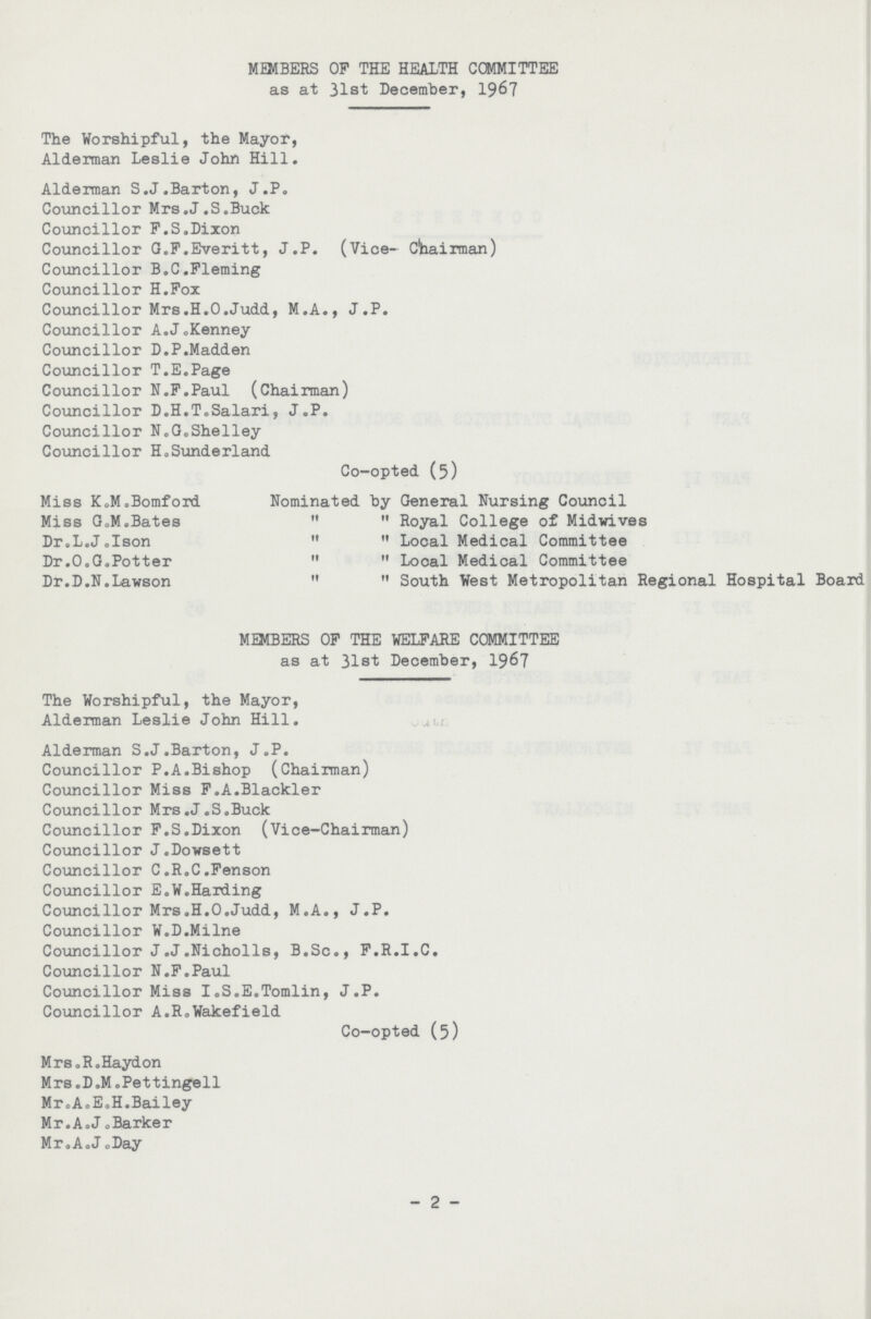 MEMBERS OF THE HEALTH COMMITTEE as at 31st December, 1967 The Worshipful, the Mayor, Alderman Leslie John Hill. Alderman S.J.Barton, J.P. Councillor Mrs.J.S.Buck Councillor F.S.Dixon Councillor G.F.Everitt, J.P. (Vice- Chairman) Councillor B.C.Fleming Councillor H.Fox Councillor Mrs.H.O.Judd, M.A., J.P. Councillor A.JoKenney Councillor D.P.Madden Councillor T.E.Page Councillor N.F.Paul (Chairman) Councillor D.H.T.Salari, J.P. Councillor N.G.Shelley Councillor H.Sunderland Co-opted (5) Miss KoMoBomford Nominated by General Nursing Council Miss G.M.Bates   Royal College of Midvives Dr.L.J.Ison   Local Medical Committee Dr.O.G.Potter   Local Medical Committee Dr.D.N.Lawson   South West Metropolitan Regional Hospital Boart MEMBERS OF THE WELFARE COMMITTEE as at 31st December, 1967 The Worshipful, the Mayor, Alderman Leslie John Hill. Alderman S.J.Barton, J.P. Councillor P.A.Bishop (Chairman) Councillor Miss F.A.Blackler Councillor Mrs.J.S.Buck Councillor F.S.Dixon (Vice-Chairman) Councillor J.Dowsett Councillor C.R.C.Fenson Councillor E.W.Harding Councillor Mrs.H.O.Judd, M.A., J.P. Councillor W.D.Milne Councillor J.J.Nicholls, B.Sc., F.R.I.C. Councillor N.F.Paul Councillor Miss I.S.E.Tomlin, J.P. Councillor A.R.Wakefield Co-opted (5) Mrs.R.Haydon Mrs.D .M .Pettingell Mr.A.E.H.Bailey Mr.A.J.Barker Mr.A.J.Day 2