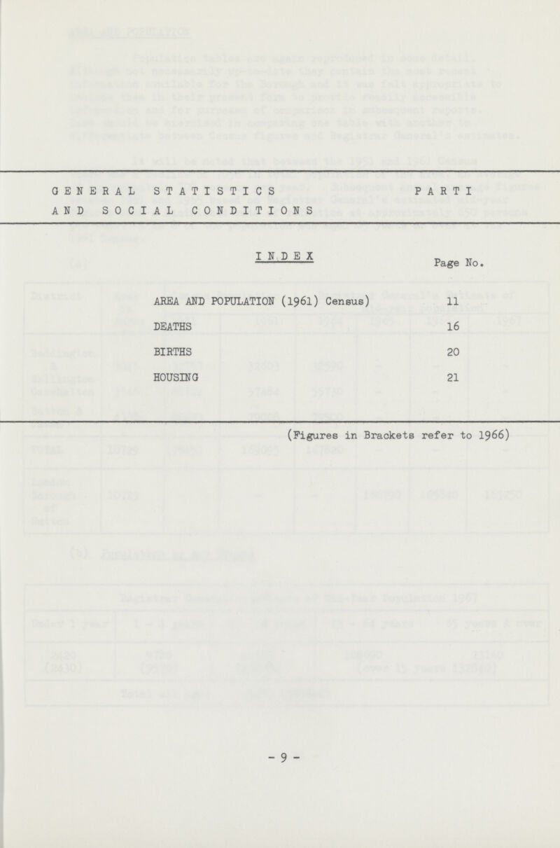 GENERAL STATISTICS AND SOCIAL CONDITIONS PARTI INDEx Page No. AREA AND POPULATION (1961) Census) 11 DEATHS 16 BIRTHS 20 HOUSING 21 (Figures in Brackets refer to 1966) 9