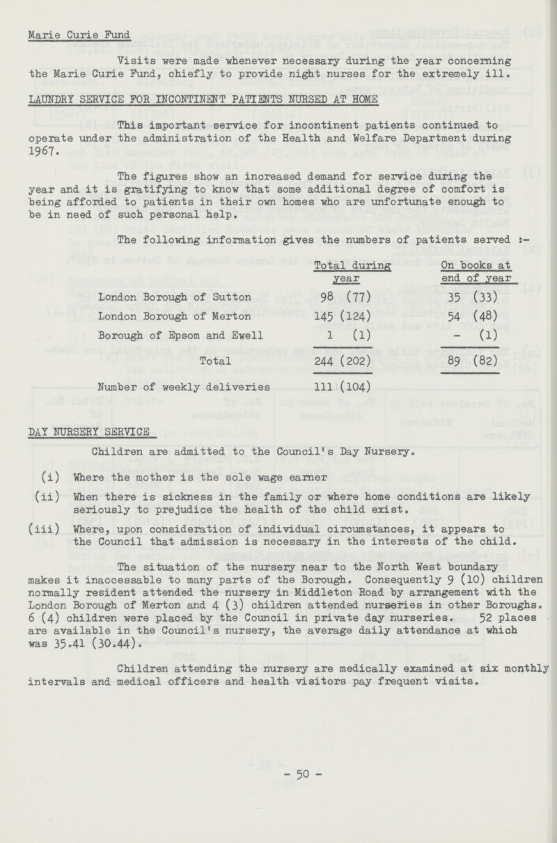 Marie Curie Fund Visits were made whenever necessary during the year concerning the Marie Curie Fund, chiefly to provide night nurses for the extremely ill. LAUNDRY SERVICE FOR INCONTINENT PATIENTS NURSED AT HOME This important service for incontinent patients continued to operate under the administration of the Health and Welfare Department during 1967- The figures show an increased demand for service during the year and it is gratifying to know that some additional degree of comfort is being afforded to patients in their own homes who are unfortunate enough to be in need of such personal help. The following information gives the numbers of patients served Total during year On books at end of year London Borough of Sutton 98 (77) 35 (33) London Borough of Merton 145 (124) 54 (48) Borough of Epsom and Ewe11 1 (1) - (1) Total 244 (202) 89 (82) Number of weekly deliveries 111 (104) DAY NURSERY SERVICE Children are admitted to the Council®s Day Nursery. (i) Where the mother is the sole wage earner (ii) When there is sickness in the family or where home conditions are likely seriously to prejudice the health of the child exist. (iii) Where, upon consideration of individual circumstances, it appears to the Council that admission is necessary in the interests of the child. The situation of the nursery near to the North West boundary makes it inaccessable to many parts of the Borough. Consequently 9 (lO) children normally resident attended the nursery in Middleton Road by arrangement with the London Borough of Merton and 4(3) children attended nurseries in other Boroughs. 6 (4) children were placed by the Council in private day nurseries. 52 places are available in the Council's nursery, the average daily attendance at which was 35-41 (30.44). Children attending the nursery are medically examined at six monthly intervals and medical officers and health visitors pay frequent visits. - 50 -