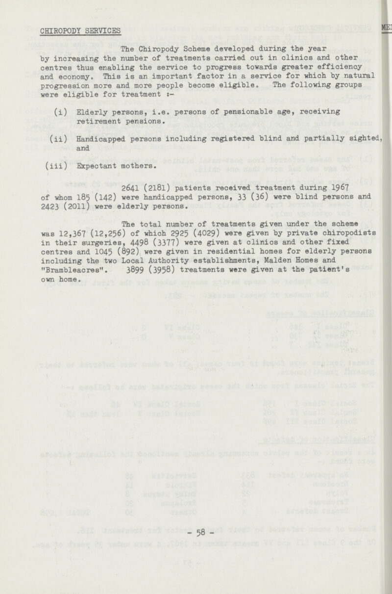 CHIROPODY SERVICES ! The Chiropody Scheme developed during the year by increasing the number of treatments carried out in clinics and other centres thus enabling the service to progress towards greater efficiency and economy. This is an important factor in a service for which by natural progression more and more people become eligible. The following groups were eligible for treatment (i) Elderly persons, i.e. persons of pensionable age, receiving retirement pensions. (ii) Handicapped persons including registered blind and partially sighted, and (iii) Expectant mothers. 2641 (2l8l) patients received treatment during 1967 of whom 185 (142) were handicapped persons, 33 (36) were blind persons and 2423 (2011) were elderly persons. The total number of treatments given under the scheme was 12,367 (12,256) of which 2925 (4029) were given by private chiropodists in their surgeries, 4498 (3377) were given at clinics and other fixed centres and 1045 (892) were given in residential homes for elderly persons including the two Local Authority establishments, Maiden Homes and Brambleacres. 3899 (3958) treatments were given at the patient's own home. - 58 -