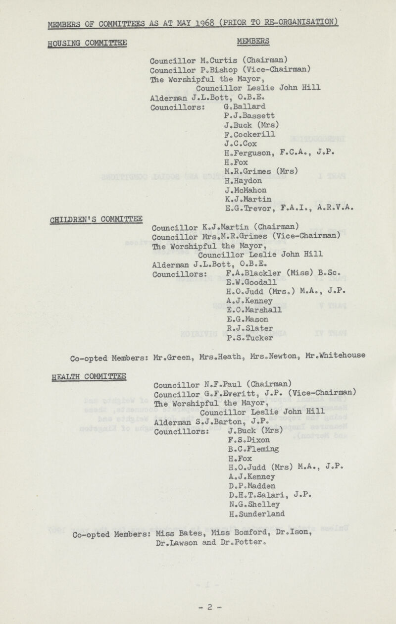 MEMBERS OF COMMITTEES AS AT HAY 1968 (PRIOR TO RE-ORGANISATION) HOUSING COMMITTEE MEMBERS Councillor M.Curtis (Chairman) Councillor P.Bishop (Vice-Chairman) The Worshipful the Mayor, Councillor Leslie John Hill Alderman J.L.Bott, O.B.E. Councillors: G.Ballard P.J.Bassett J.Buck (Mrs) F.Cockerill J.C.Cox H.Ferguson, F.C.A., J.P. H. Fox M.R.Grimes (Mrs) H.Haydon J.McMahon K.J.Martin E.G.Trevor, F.A.I., A.R.V.A. CHILDREN'S COMMITTEE Councillor K.J.Martin (Chairman) Councillor Mrs,M.R.Grimes (Vice-Chairman) The Worshipful the Mayor, Councillor Leslie John Hill Alderman J.L.Bott, O.B.E. Councillors: F.A.Blackler (Miss) B.Sc. E.W.Goodall H.O.Judd (Mrs.) M.A., J.P. A.J.Kenney E.C.Marshall E.G.Mason R.J.Slater P.S.Tucker Co-opted Members: Mr.Green, Mrs.Heath, Mrs.Newton, Mr.Whitehouse HEALTH COMMITTEE Councillor N.F.Paul (Chairman) Councillor G.F.Everitt, J.P. (Vice-Chairman) The Worshipful the Mayor, Councillor Leslie John Hill Alderman S.J.Barton, J.P. Councillors: J.Buck (Mrs) F.S.Dixon B.C.Fleming H.Fox H.O.Judd (Mrs) M.A., J.P. A.J.Kenney D.P.Madden D.H.T.Salari, J.P. N.G.Shelley H.Sunderland Co-opted Members: Miss Bates, Miss Bomford, Dr.Ison, Dr.Lawson and Dr0Potter. - 2 -