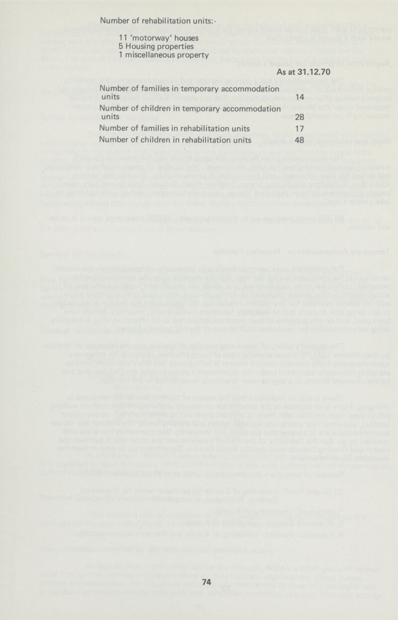 Number of rehabilitation units:- 11 'motorway' houses 5 Housing properties 1 miscellaneous property As at 31.12.70 Number of families in temporary accommodation units 14 Number of children in temporary accommodation units 28 Number of families in rehabilitation units 17 Number of children in rehabilitation units 48 74