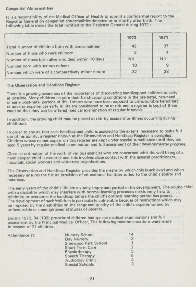 Congenital Abnormalities It is a responsibility of the Medical Officer of Health to submit a confidential report to the Registrar General on congenital abnormalities detected at or shortly after birth. The following table shows the total notified to the Registrar General during 1972 :- 1972 1971 Total Number of children born with abnormalities 42 37 Number of those who were stillborn 2 4 Number of those born alive who died within 10 days Nil Nil Number born with serious defects 10 9 Number which were of a comparatively minor nature 32 28 The Observation and Handicap Register There is a growing awareness of the importance of discovering handicapped children as early as possible. Many children acquire their handicapping conditions in the pre-natal, neo-natal or early post-natal periods of life. Infants who have been exposed to unfavourable hereditary or adverse experiences early in life are considered to be at risk and a register is kept of these cases so that they can be offered medical examination at regular intervals. In addition, the growing child may be placed at risk by accident or illness occurring during childhood. In order to ensure that each handicapped child is assisted to the extent necessary to make full use of his ability, a register known as the Observation and Handicap Register is compiled. Children whose names appear on this register are kept under special surveillance until they are aged 5 years by regular medical examination and full assessment of their developmental progress. Close co-ordination of the work of various agencies who are concerned with the well-being of a handicapped child is essential and this involves close contact with the general practitioners, hospitals, social workers and voluntary organisations. The Observation and Handicap Register provides the means by which this is achieved and when necessary ensures the future provision of educational facilities suited to the child's ability and handicap. The early years of the child's life are a vitally important period in his development. The young child with a disability which may interfere with normal learning processes needs early help to minimise or overcome the handicap before the child's optimal learning period has passed. The development of such Children is particularly vulnerable because of restrictions which may be imposed by the disabilities on the range and quality of the child's experience and by unfavourable or unenlightened attitudes of parents. During 1972, 84 (109) pre-school children had special medical examinations and full assessment by the Principal Medical Officer. The following recommendations were made in respect of 27 children :- Attendance at: Nursery School 14 Day Nursery 3 Sherwood Park School 1 Short Term Care 2 Physiotherapy 5 Speech Therapy 5 Audiology Clinic 4 Special Schools 3 21