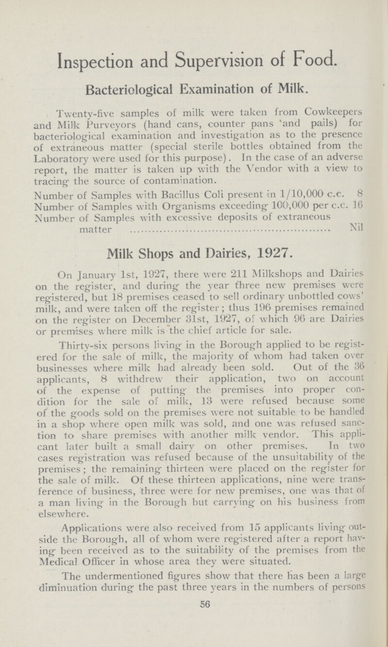 Inspection and Supervision of Food. Bacteriological Examination of Milk. Twenty-five samples of milk were taken from Cowkeepers and Milk Purveyors (hand cans, counter pans 'and pails) for bacteriological examination and investigation as to the presence of extraneous matter (special sterile bottles obtained from the Laboratory were used for this purpose). In the case of an adverse report, the matter is taken up with the Vendor with a view to tracing the source of contamination. Number of Samples with Bacillus Coli present in 1/10,000 c.c. 8 Number of Samples with Organisms exceeding 100,000 per c.c. 16 Number of Samples with excessive deposits of extraneous matter Nil Milk Shops and Dairies, 1927. On January 1st, 1927, there were 211 Milkshops and Dairies on the register, and during the year three new premises were registered, but 18 premises ceased to sell ordinary unbottled cows' milk, and were taken off the register; thus 196 premises remained on the register on December 31st, 1927, of which 96 are Dairies or premises where milk is the chief article for sale. Thirty-six persons living in the Borough applied to be regist ered for the sale of milk, the majority of whom had taken over businesses where milk had already been sold. Out of the 36 applicants, 8 withdrew their application, two on account of the expense of putting- the premises into proper con dition for the sale of milk, 13 were refused because some of the goods sold on the premises w ere not suitable to be handled in a shop where open milk was sold, and one was refused sanc tion to share premises with another milk vendor. This appli cant later built a small dairy on other premises. In two cases registration was refused because of the unsuitability of the premises; the remaining thirteen were placed on the register for the sale of milk. Of these thirteen applications, nine were trans ference of business, three were for new premises, one was that of a man living in the Borough but carrying on his business from elsewhere. Applications were also received from 15 applicants living out side the Borough, all of whom were registered after a report hav ing been received as to the suitability of the premises from the Medical Officer in whose area they were situated. The undermentioned figures show that there has been a large diminuation during the past three years in the numbers of persons 56