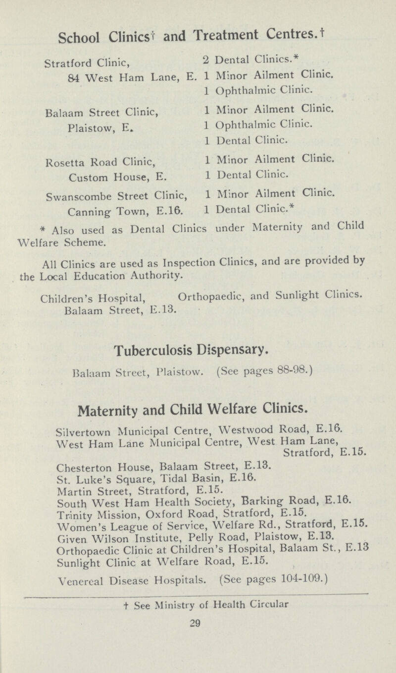 School Clinicst and Treatment Centres, t Stratford Clinic, 2 Dental Clinics.* 84 West Ham Lane, E. 1 Minor Ailment Clinic. 1 Ophthalmic Clinic. Rosetta Road Clinic, Custom House, E. Balaam Street Clinic, Plaistow, E» 1 Minor Ailment Clinic. 1 Ophthalmic Clinic. 1 Dental Clinic. 1 Minor Ailment Clinic. 1 Dental Clinic. Swanscombe Street Clinic, 1 Minor Ailment Clinic. Canning Town, E.16. 1 Dental Clinic.* * Also used as Dental Clinics under Maternity and Child Welfare Scheme. All Clinics are used as Inspection Clinics, and are provided by the Local Education Authority. Children's Hospital, Orthopaedic, and Sunlight Clinics. Balaam Street, E.13. Tuberculosis Dispensary. Balaam Street, Plaistow. (See pages 88-98.) Maternity and Child Welfare Clinics. Silvertown Municipal Centre, Westwood Road, E.16. West Ham Lane Municipal Centre, West Ham Lane, Chesterton House, Balaam Street, E.13. St. Luke's Square, Tidal Basin, E.16. Martin Street, Stratford, E.15. South West Ham Health Society, Barking Road, E.16. Trinity Mission, Oxford Road, Stratford, E.15. Women's League of Service, Welfare Rd., Stratford, E.15. Given Wilson Institute, Pelly Road, Plaistow, E.13. Orthopaedic Clinic at Children's Hospital, Balaam St., E.13 Sunlight Clinic at Welfare Road, E.15. Venereal Disease Hospitals. (See pages 104-109.) Stratford, E.15. t See Ministry of Health Circular 29