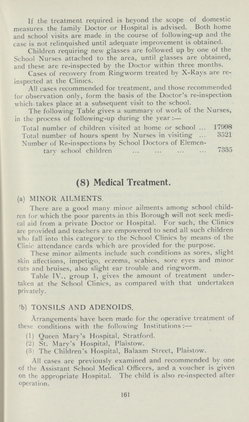 If the treatment required is beyond the scope of domestic measures the family Doctor or Hospital is advised. Both home and school visits are made in the course of following-up and the case is not relinquished until adequate improvement is obtained. Children requiring new glasses are followed up by one of the School Nurses attached to the area, until glasses are obtained, and these are re-inspected by the Doctor within three months. Cases of recovery from Ringworm treated by X-Rays are re inspected at the Clinics. All cases recommended for treatment, and those recommended for observation only, form the basis of the Doctor's re-inspection which takes place at a subsequent visit to the school. The following Table gives a summary of work of the Nurses, in the process of following-up during the year:— Total number of children visited at home or school 17998 Total number of hours spent by Nurses in visiting 3521 Number of Re-inspections by School Doctors of Elemen¬ tary school children 7335 (8) Medical Treatment. (a) MINOR AILMENTS. There are a good many minor ailments among school child ren for which the poor parents in this Borough will not seek medi cal aid from a private Doctor or Hospital. For such, the Clinics are provided and teachers are empowered to send all such children who fall into this category to the School Clinics by means of the Clinic attendance cards which are provided for the purpose. These minor ailments include such conditions as sores, slight skin affections, impetigo, eczema, scabies, sore eyes and minor cuts and bruises, also slight ear trouble and ringworm. Table IV., group 1, gives the amount of treatment under taken at the School Clinics, as compared with that undertaken privately. (b) TONSILS AND ADENOIDS. Arrangements have been made for the operative treatment of these conditions with the following Institutions:— (1) Queen Mary's Hospital, Stratford. (2) St. Mary's Hospital, Plaistow. (3) The Children's Hospital, Balaam Street, Plaistow. All cases are previously examined and recommended by one of the Assistant School Medical Officers, and a voucher is given on the appropriate Hospital. The child is also re-inspected after operation. 161