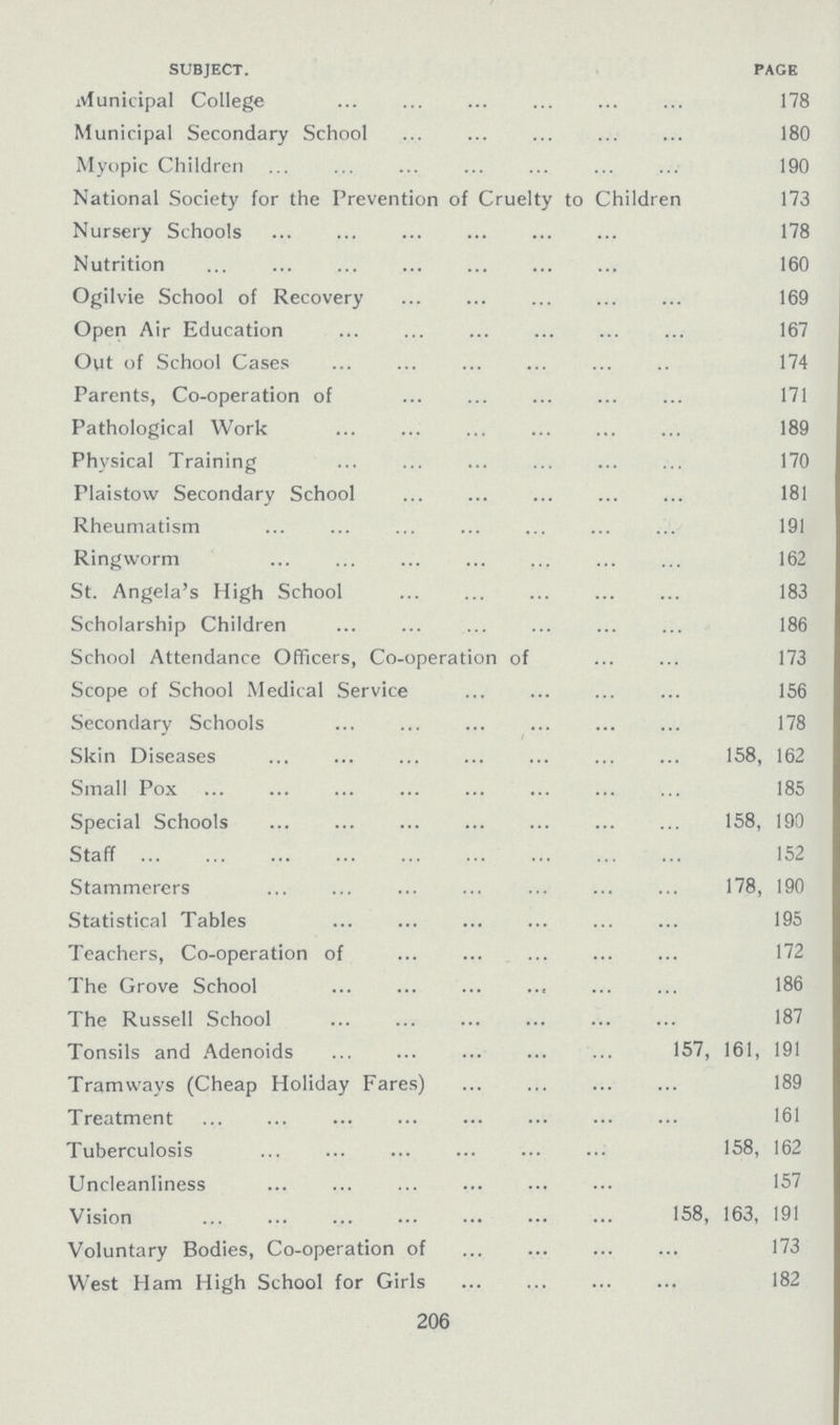 SUBJECT. PAGE Municipal College 178 Municipal Secondary School 180 Myopic Children 190 National Society for the Prevention of Cruelty to Children 173 Nursery Schools 178 Nutrition 160 Ogilvie School of Recovery 169 Open Air Education 167 Out of School Cases 174 Parents, Co-operation of 171 Pathological Work 189 Physical Training 170 Plaistow Secondary School 181 Rheumatism 191 Ringworm 162 St. Angela's High School 183 Scholarship Children 186 School Attendance Officers, Co-operation of 173 Scope of School Medical Service 156 Secondary Schools 178 Skin Diseases 158, 162 Small Pox 185 Special Schools 158, 190 Staff 152 Stammerers 178, 190 Statistical Tables 195 Teachers, Co-operation of 172 The Grove School 186 The Russell School 187 Tonsils and Adenoids 157, 161, 191 Tramways (Cheap Holiday Fares) 189 Treatment 161 Tuberculosis 158, 162 Uncleanliness 157 Vision 158, 163, 191 Voluntary Bodies, Co-operation of 173 West Ham High School for Girls 182 206