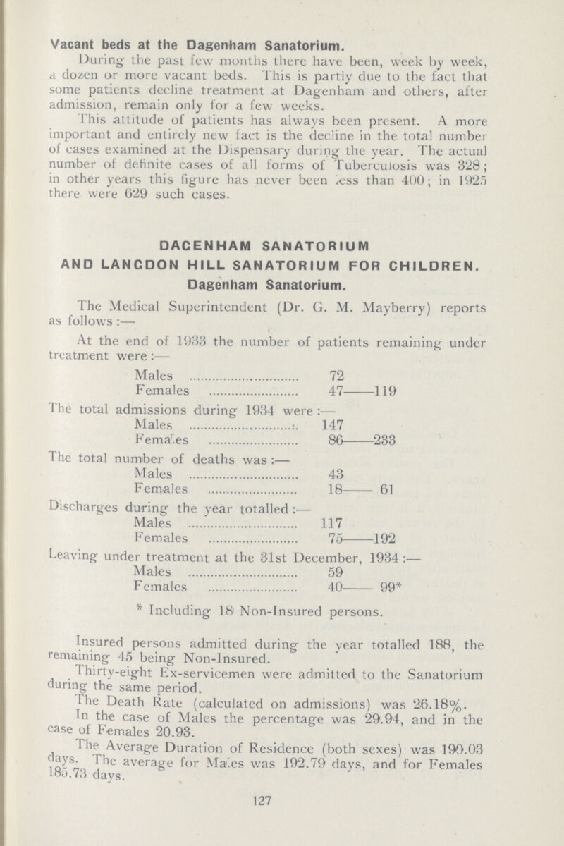 Vacant beds at the Dagenham Sanatorium. During the past few months there have been, week by week, a dozen or more vacant beds. This is partly due to the fact that some patients decline treatment at Dagenham and others, after admission, remain only for a few weeks. This attitude of patients has always been present. A more important and entirely new fact is the decline in the total number of cases examined at the Dispensary during the year. The actual number of definite cases of all forms of Tuberculosis was 328; in other years this figure has never been less than 400; in 1925 there were 629 such cases. DACENHAM SANATORIUM AND LANCDON HILL SANATORIUM FOR CHILDREN. Dagenham Sanatorium. The Medical Superintendent (Dr. G. M. Mayberry) reports as follows:— At the end of 1933 the number of patients remaining under treatment were Males 72 Females 47 119 The total admissions during 1934 were:— Males 147 Females 86 233 The total number of deaths was:— Males 43 Females 18 61 Discharges during the year totalled:— Males 117 Females 75 192 Leaving under treatment at the 31st December, 1934:— Males 59 Females 40 99* * Including 18 Non-Insured persons. Insured persons admitted during the year totalled 188, the remaining 45 being Non-Insured. Thirty-eight Ex-servicemen were admitted to the Sanatorium during the same period. The Death Rate (calculated on admissions) was 26.18%. In the case of Males the percentage was '29.94, and in the case of Females 20.93. The Average Duration of Residence (both sexes) was 190.03 days. The average for Males was 192.79 days, and for Females 185.73 days. 127
