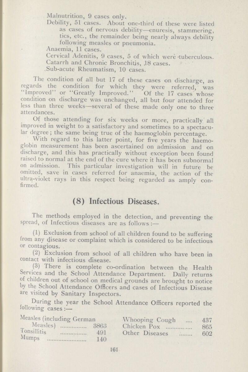 Malnutrition, 9 cases only. Debility, 51 cases. About one-third of these were listed as cases of nervous debility—enuresis, stammering, tics, etc., the remainder being nearly always debility following measles or pneumonia. Anaemia, 11 cases. Cervical Adenitis, 9 cases, 5 of which were -tuberculous. Catarrh and Chronic Bronchitis, ,18 cases. Sub-acute Rheumatism, 10 cases. The condition of all but 17 of these cases on discharge, as regards the condition for which they were referred, was Improved or Greatly Improved. Of the 17 cases whose condition on discharge was unchanged, all but four attended for less than three weeks—several of these made only one to three attendances. Of those attending for six weeks or more, practically all improved in weight to a satisfactory and sometimes to a spectacu lar degree; the same being true of the haemoglobin percentage. With regard to this latter point, for five years the haemo globin measurement has been ascertained on admission and on discharge, and this has practically without exception been found raised to normal at the end of the cure where it has been subnormal on admission. This particular investigation will in future be omitted, save in cases referred for anaemia, the action of the ultra-violet rays in this respect being regarded as amply con firmed. (8) Infectious Diseases. The methods employed in the detection, and preventing the spread, of Infectious diseases are as follows :— (1) Exclusion from school of all children found to be suffering from any disease or complaint which is considered to be infectious or contagious. (2) Exclusion from school of all children who have been in contact with infectious disease. (3) There is complete co-ordination between the Health Services and the School Attendance Department. Daily returns of children out of school on medical grounds are brought to notice by the School Attendance Officers and cases of Infectious Disease are visited by Sanitary Inspectors. During the year the School Attendance Officers reported the following cases :— Measles (including German Measles) 3863 Tonsillitis 491 Mumps 140 Whooping Cough 437 Chicken Pox 865 Other Diseases 602 161