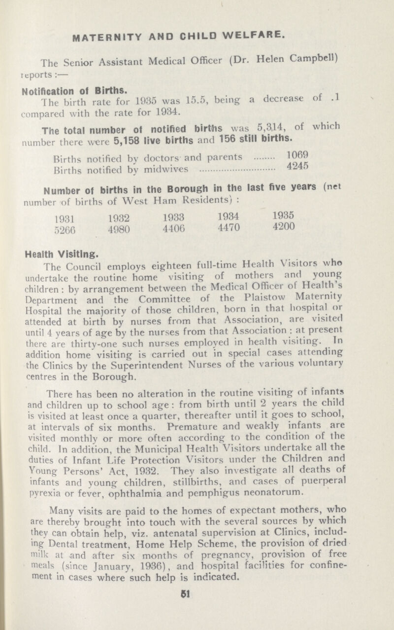 MATERNITY AND CHILD WELFARE The Senior Assistant Medical Officer (Dr Helen Campbell) reports :— Notification of Births The birth rate for 1935 was 155, being a decrease of 1 compared with the rate for 1934 The total number of notified births was 5,3,14, of which number there were 5,158 live births and 156 still births Births notified by doctors and parents 1069 Births notified by midwives 4245 Number of births in the Borough in the last five years (net number of births of West Ham Residents) : 1931 1932 1933 1934 1935 5266 4980 4406 4470 4200 Health Visiting The Council employs eighteen fulltime Health Visitors who undertake the routine home visiting of mothers and young children: by arrangement between the Medical Officer of Health's Department and the Committee of the Plaistow Maternity Hospital the majority of those children, born in that hospital or attended at birth by nurses from that Association, are visited until 4 years of age by the nurses from that Association : at present there are thirtyone such nurses employed in health visiting In addition home visiting is carried out in special cases attending the Clinics by the Superintendent Nurses of the various voluntary centres in the Borough There has been no alteration in the routine visiting of infants and children up to school age : from birth until 2 years the child is visited at least once a quarter, thereafter until it goes to school, at intervals of six months Premature and weakly infants are visited monthly or more often according to the condition of the child In addition, the Municipal Health Visitors undertake all the duties of Infant Life Protection Visitors under the Children and Young Persons' Act, 1932 They also investigate all deaths of infants and young children, stillbirths, and cases of puerperal pyrexia or fever, ophthalmia and pemphigus neonatorum Many visits are paid to the homes of expectant mothers, who are thereby brought into touch with the several sources by which they can obtain help, viz antenatal supervision at Clinics, includ ing Dental treatment, Home Help Scheme, the provision of dried milk at and after six months of pregnancy, provision of free meals (since January, 1936), and hospital facilities for confine ment in cases where such help is indicated 51