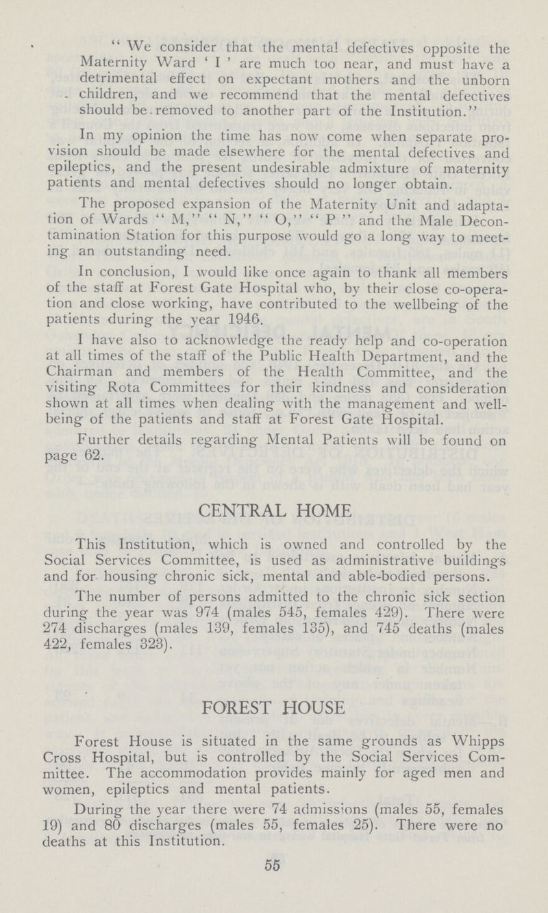 We consider that the mental defectives opposite the Maternity Ward 'I' are much too near, and must have a detrimental effect on expectant mothers and the unborn . children, and we recommend that the mental defectives should be. removed to another part of the Institution. In my opinion the time has now come when separate pro vision should be made elsewhere for the mental defectives and epileptics, and the present undesirable admixture of maternity patients and mental defectives should no longer obtain. The proposed expansion of the Maternity Unit and adapta tion of Wards M, N, O, P and the Male Decon tamination Station for this purpose would go a long way to meet ing an outstanding need. In conclusion, I would like once again to thank all members of the staff at Forest Gate Hospital who, by their close co-opera tion and close working, have contributed to the wellbeing of the patients during the year 1946. I have also to acknowledge the ready help and co-operation at all times of the staff of the Public Health Department, and the Chairman and members of the Health Committee, and the visiting Rota Committees for their kindness and consideration shown at all times when dealing with the management and well being of the patients and staff at Forest Gate Hospital. Further details regarding Mental Patients will be found on page 62. CENTRAL HOME This Institution, which is owned and controlled by the Social Services Committee, is used as administrative buildings and for housing chronic sick, mental and able-bodied persons. The number of persons admitted to the chronic sick section during the year was 974 (males 545, females 429). There were 274 discharges (males 139, females 135), and 745 deaths (males 422, females 323). FOREST HOUSE Forest House is situated in the same grounds as Whipps Cross Hospital, but is controlled by the Social Services Com mittee. The accommodation provides mainly for aged men and women, epileptics and mental patients. During the year there were 74 admissions (males 55, females 19) and 80 discharges (males 55, females 25). There were no deaths at this Institution. 55