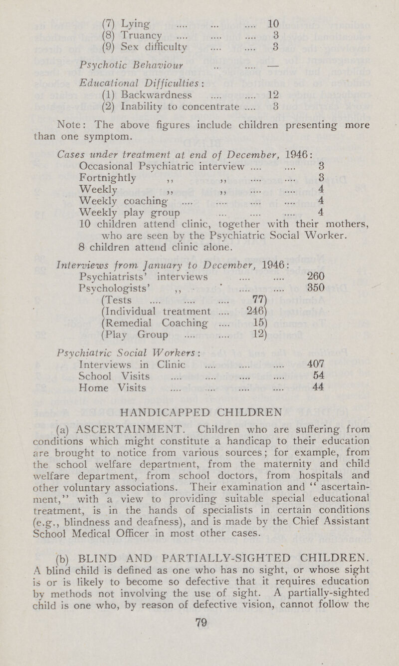 (7) Lying 10 (8) Truancy 3 (9) Sex difficulty 3 Psychotic Behaviour — Educational Difficulties: (1) Backwardness 12 (2) Inability to concentrate 3 Note: The above figures include children presenting more than one symptom. Cases under treatment at end of December, 1946: Occasional Psychiatric interview 3 Fortnightly „ „ 3 Weekly „ „ 4 Weekly coaching 4 Weekly play group 4 10 children attend clinic, together with their mothers, who are seen by the Psychiatric Social Worker. 8 children attend clinic alone. Interviews from January to December, 1946: Psychiatrists' interviews 260 Psychologists' „ 350 (Tests 77) (Individual treatment 246) (Remedial Coaching 15) (Play Group 12) Psychiatric Social Workers: Interviews in Clinic 407 School Visits 54 Home Visits 44 HANDICAPPED CHILDREN (a) ASCERTAINMENT. Children who are suffering from conditions which might constitute a handicap to their education are brought to notice from various sources; for example, from the school welfare department, from the maternity and child welfare department, from school doctors, from hospitals and other voluntary associations. Their examination and  ascertain ment, with a view to providing suitable special educational treatment, is in the hands of specialists in certain conditions (e.g., blindness and deafness), and is made by the Chief Assistant School Medical Officer in most other cases. (b) BLIND AND PARTIALLY-SIGHTED CHILDREN. A blind child is defined as one who has no sight, or whose sight is or is likely to become so defective that it requires education by methods not involving the use of sight. A partially-sighted child is one who, by reason of defective vision, cannot follow the 79