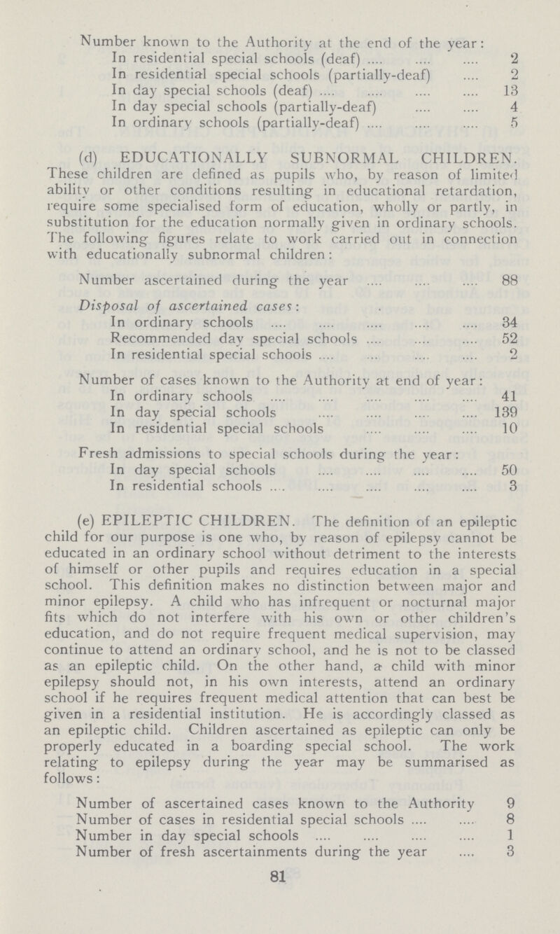 Number known to the Authority at the end of the year: In residential special schools (deaf) 2 In residential special schools (partially-deaf) 2 In day special schools (deaf) 13 In day special schools (partially-deaf) 4 In ordinary schools (partially-deaf) 5 (d) EDUCATIONALLY SUBNORMAL CHILDREN. These children are defined as pupils who, by reason of limited ability or other conditions resulting in educational retardation, require some specialised form of education, wholly or partly, in substitution for the education normally given in ordinary schools. The following figures relate to work carried out in connection with educationally subnormal children: Number ascertained during the year 88 Disposal of ascertained cases: In ordinary schools 34 Recommended day special schools 52 In residential special schools 2 Number of cases known to the Authority at end of year: In ordinary schools 41 In day special schools 139 In residential special schools 10 Fresh admissions to special schools during the year: In day special schools 50 In residential schools 3 (e) EPILEPTIC CHILDREN. The definition of an epileptic child for our purpose is one who, by reason of epilepsy cannot be educated in an ordinary school without detriment to the interests of himself or other pupils and requires education in a special school. This definition makes no distinction between major and minor epilepsy. A child who has infrequent or nocturnal major fits which do not interfere with his own or other children's education, and do not require frequent medical supervision, may continue to attend an ordinary school, and he is not to be classed as an epileptic child. On the other hand, a child with minor epilepsy should not, in his own interests, attend an ordinary school if he requires frequent medical attention that can best be given in a residential institution. He is accordingly classed as an epileptic child. Children ascertained as epileptic can only be properly educated in a boarding special school. The work relating to epilepsy during the year may be summarised as follows: Number of ascertained cases known to the Authority 9 Number of cases in residential special schools 8 Number in day special schools 1 Number of fresh ascertainments during the year 3 81